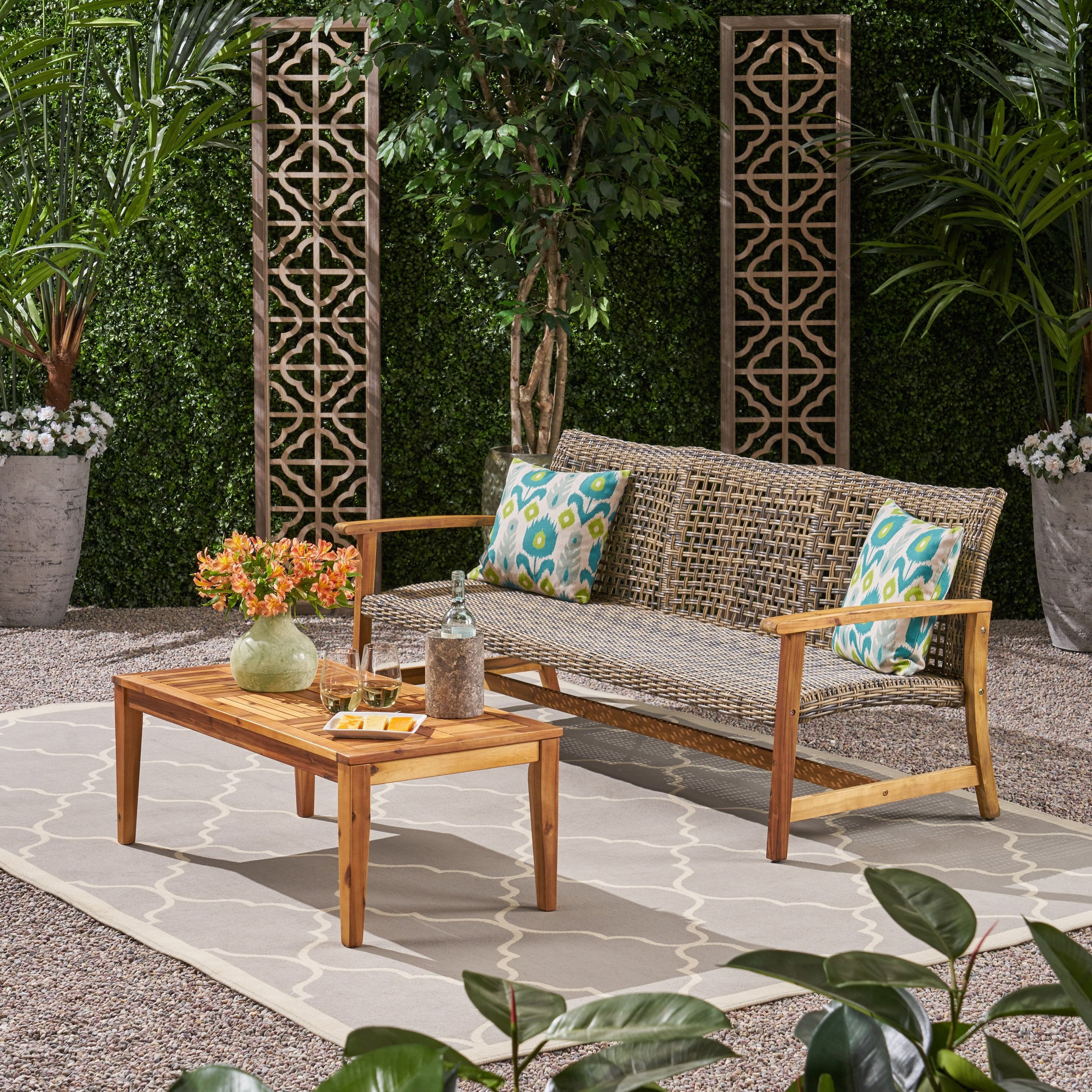Hampton Outdoor Wood And Wicker Sofa And Coffee Table Set By Christopher Knight Home