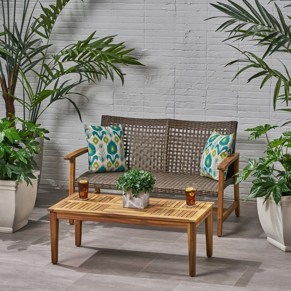 Hampton Outdoor Wood And Wicker Loveseat And Coffee Table Set By Christopher Knight Home