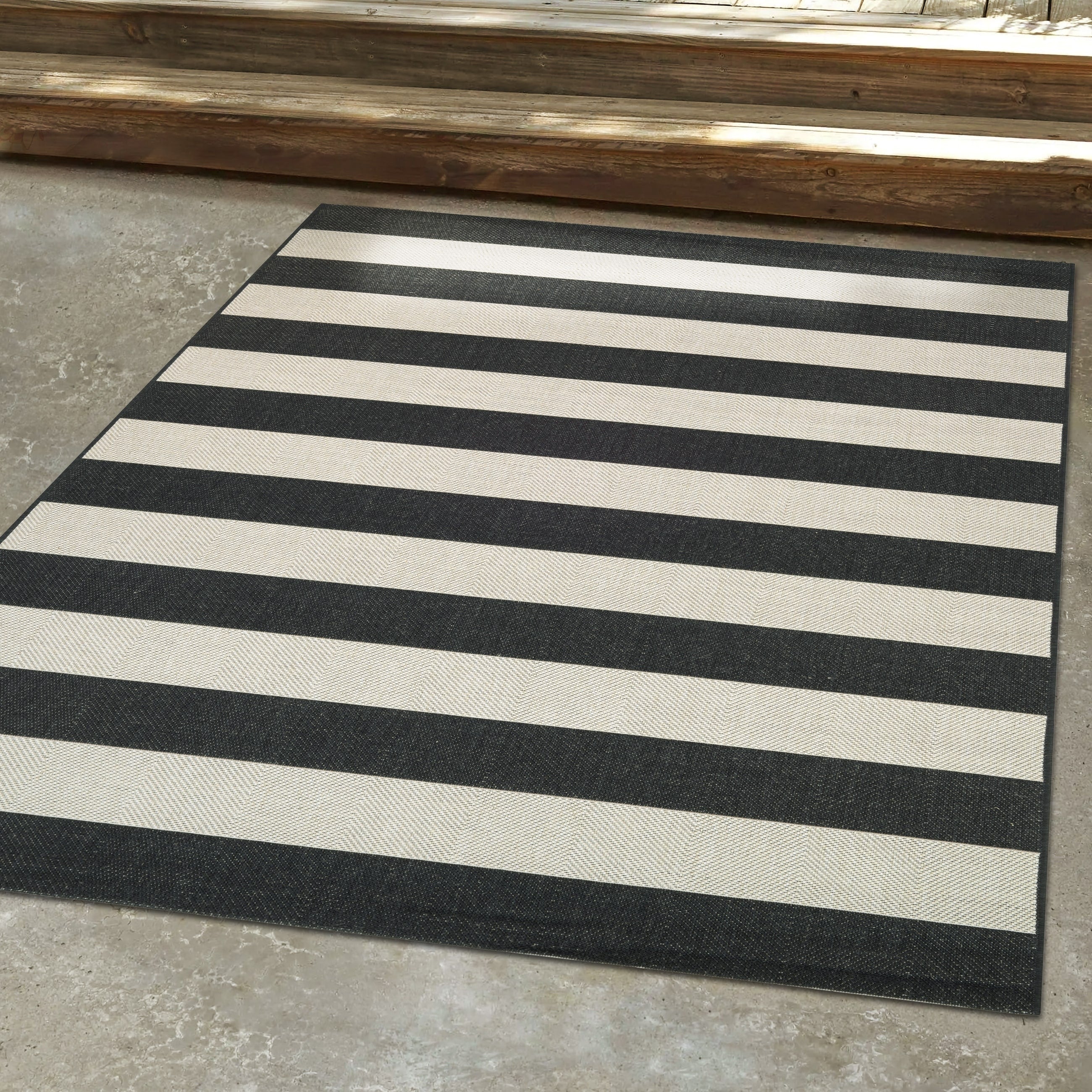 Hampton Striped Black Cream Indoor Outdoor Area Rug 311 X 57