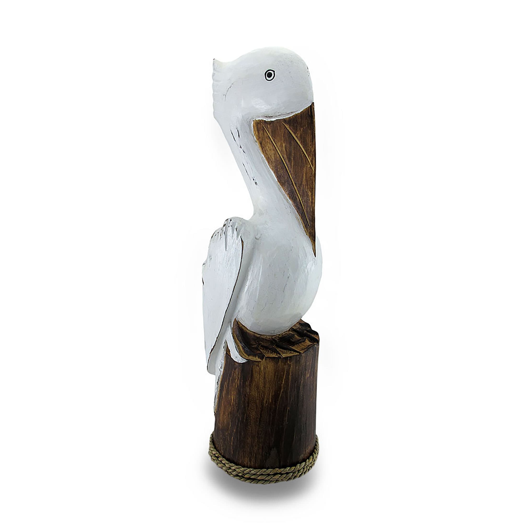 Hand Carved Painted Wooden Pelican On Piling Statue Coastal