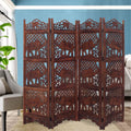 Hand Carved Elephant Design Foldable 4 Panel Wooden Room Divider Brown