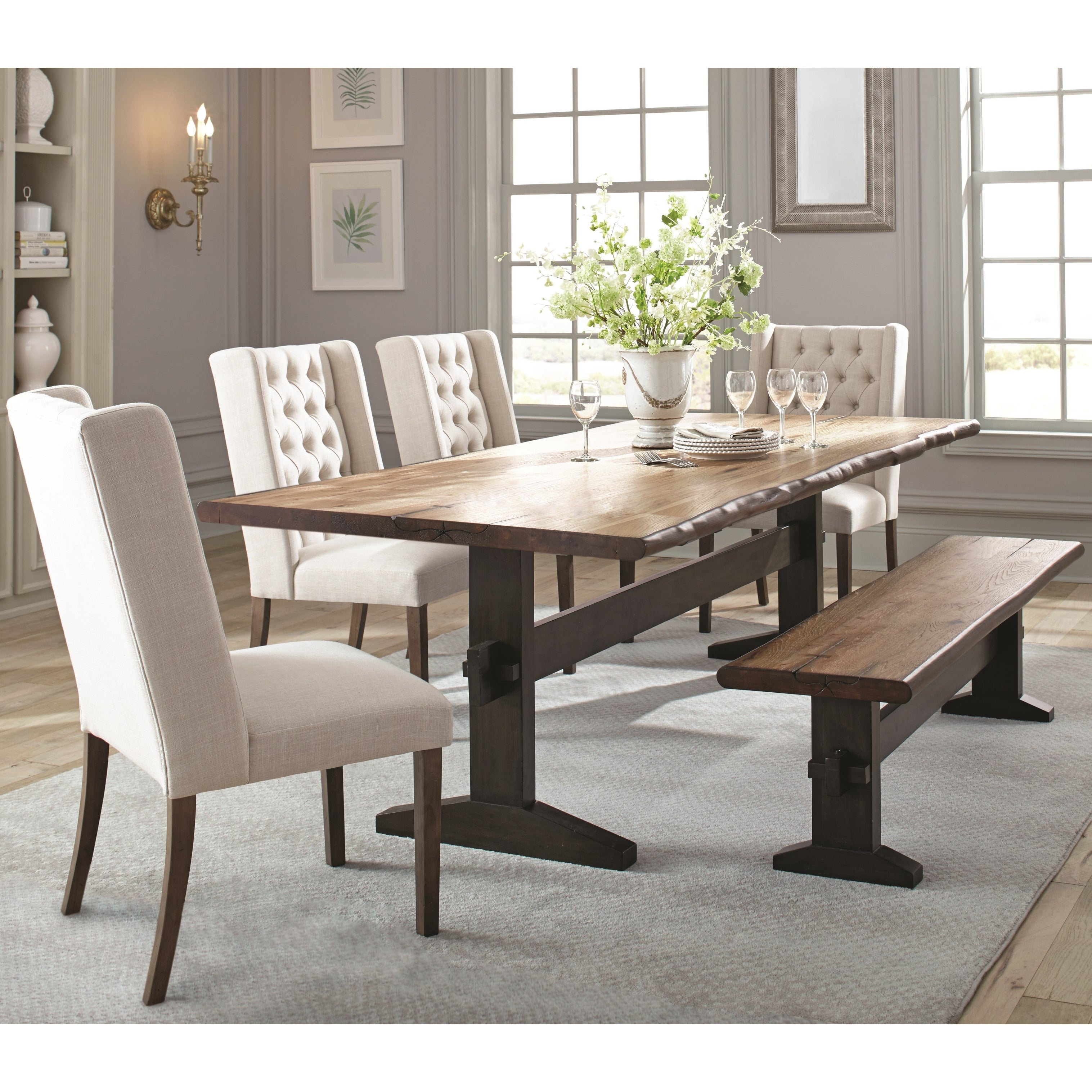 Hand Crafted Live Edge Design Dining Set With Wing Back Button Tufted Chairs
