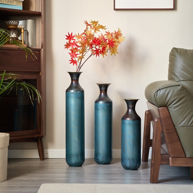 Hand Forged Burnt Metal Vase Trio Rustic Textured Floor Vases For Farmhouse Industrial Decor Set Of 3