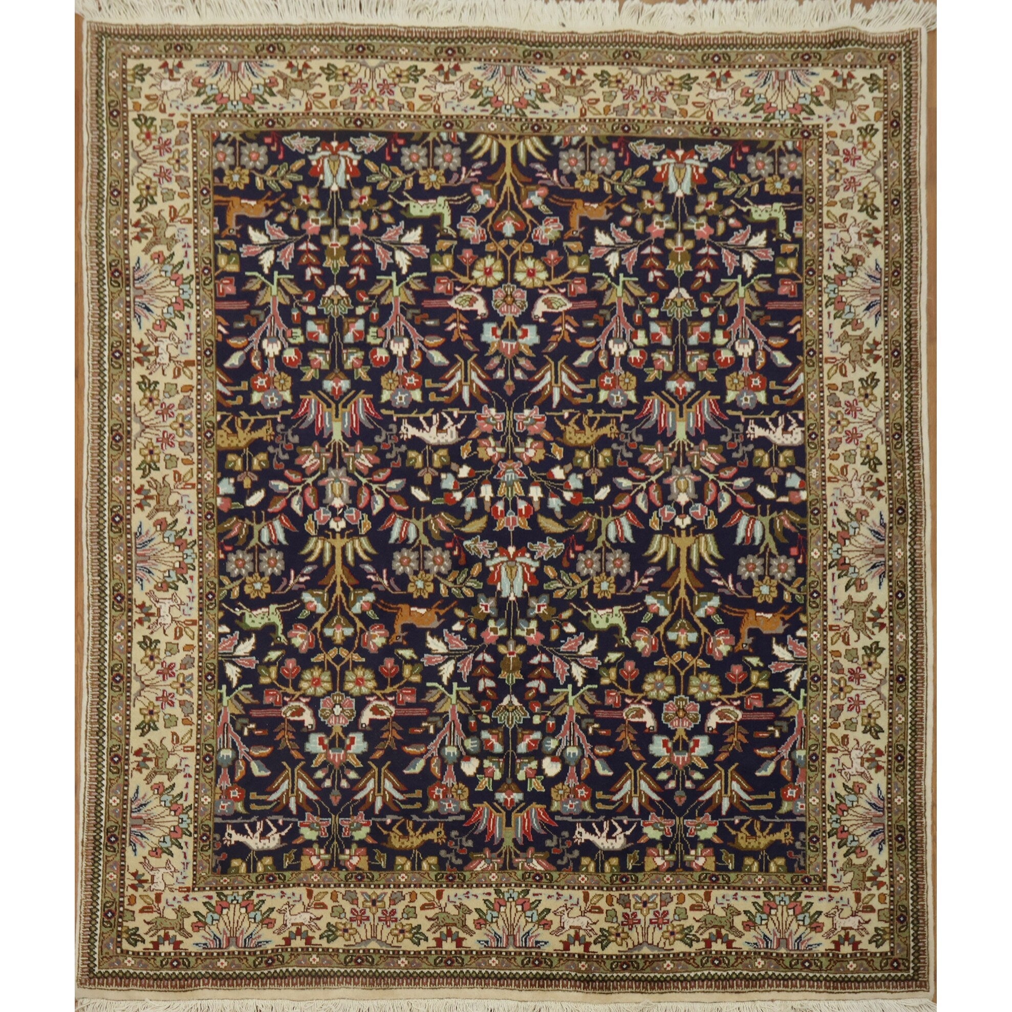 Hand Knotted Oriental 100 Wool Carpet Traditional Animal Pictorial Navy Blue Blues Tabriz Area Rug 7 9 X 6 7