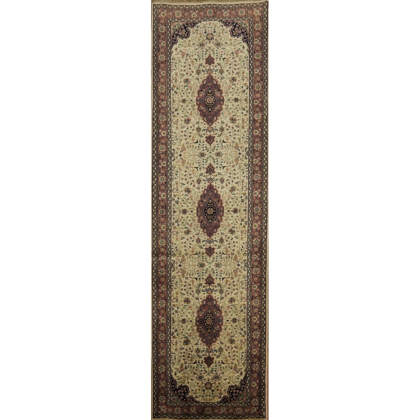 Hand Knotted Oriental 100 Wool Carpet Traditional Floral Beige Ivories Kashan Runner Rug 9 6 X 2 8