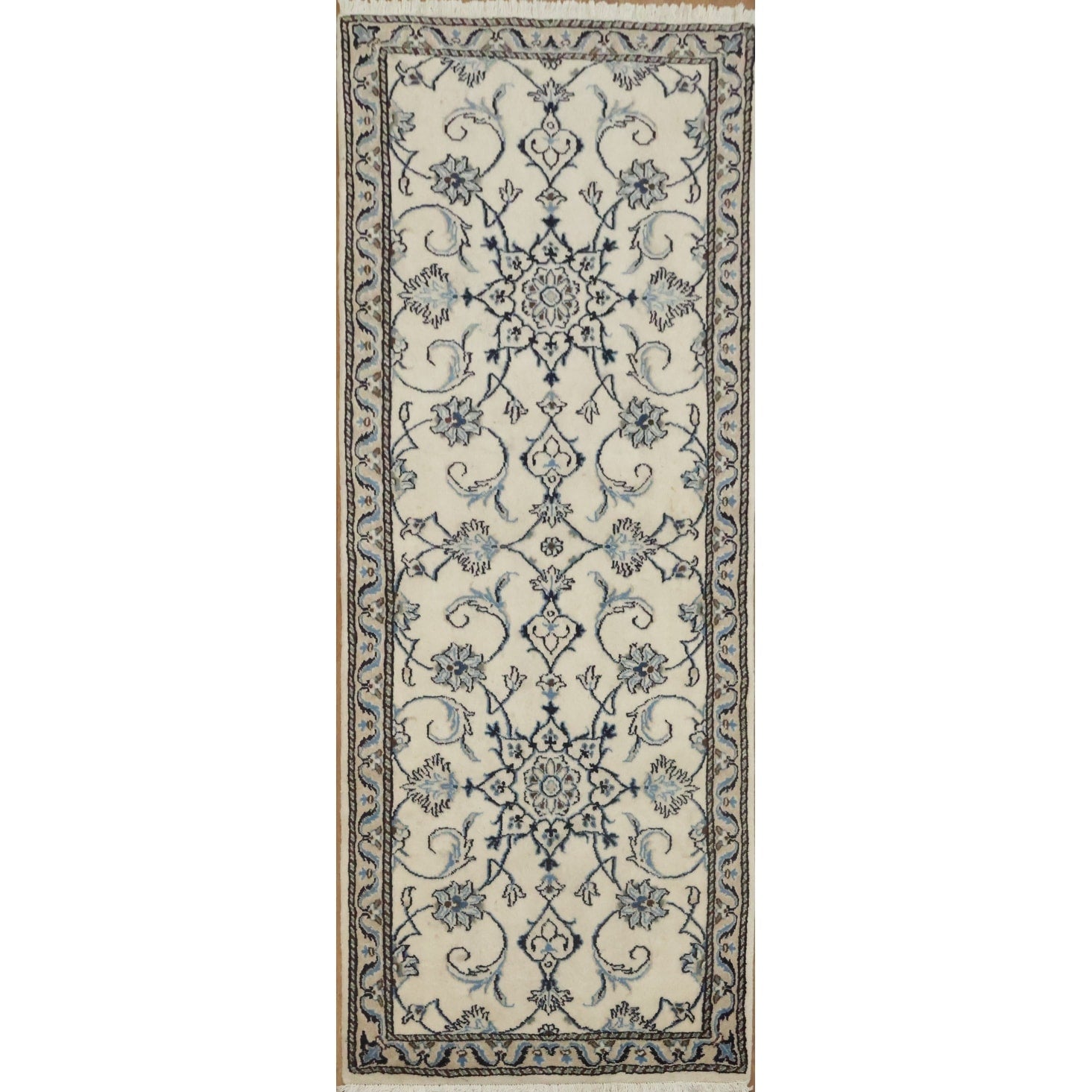 Hand Knotted Oriental 100 Wool Carpet Traditional Floral Beige Ivories Nain Runner Rug 6 4 X 2 5