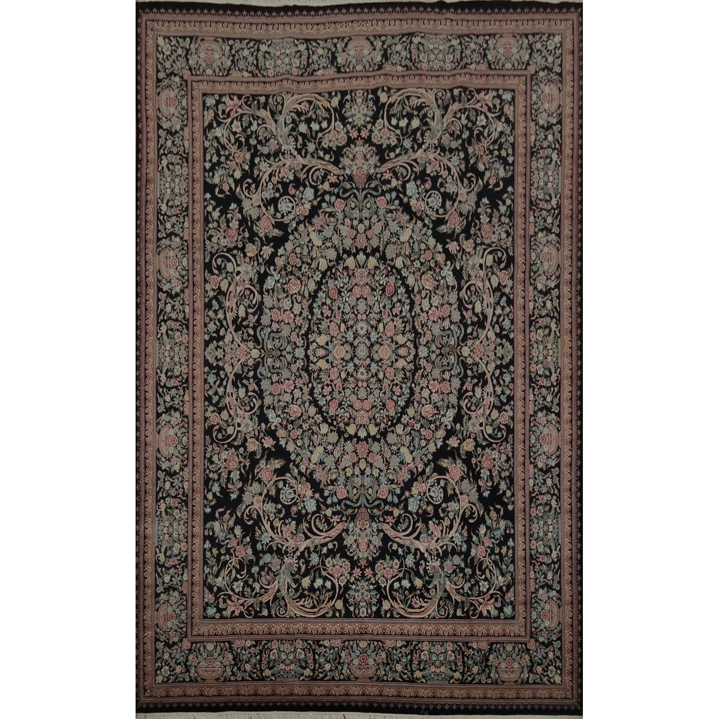 Hand Knotted Oriental 100 Wool Carpet Traditional Floral Black Aubusson Area Rug 12 4 X 9 0