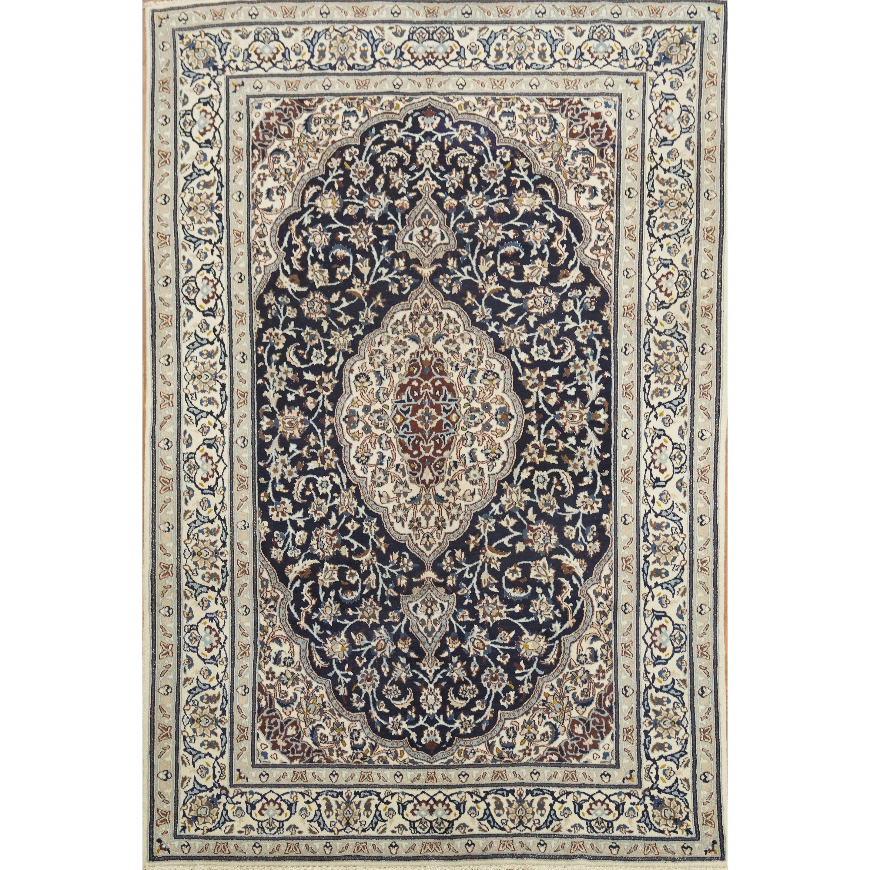 Hand Knotted Oriental 100 Wool Carpet Traditional Floral Blues Nain Area Rug 9 5 X 6 4