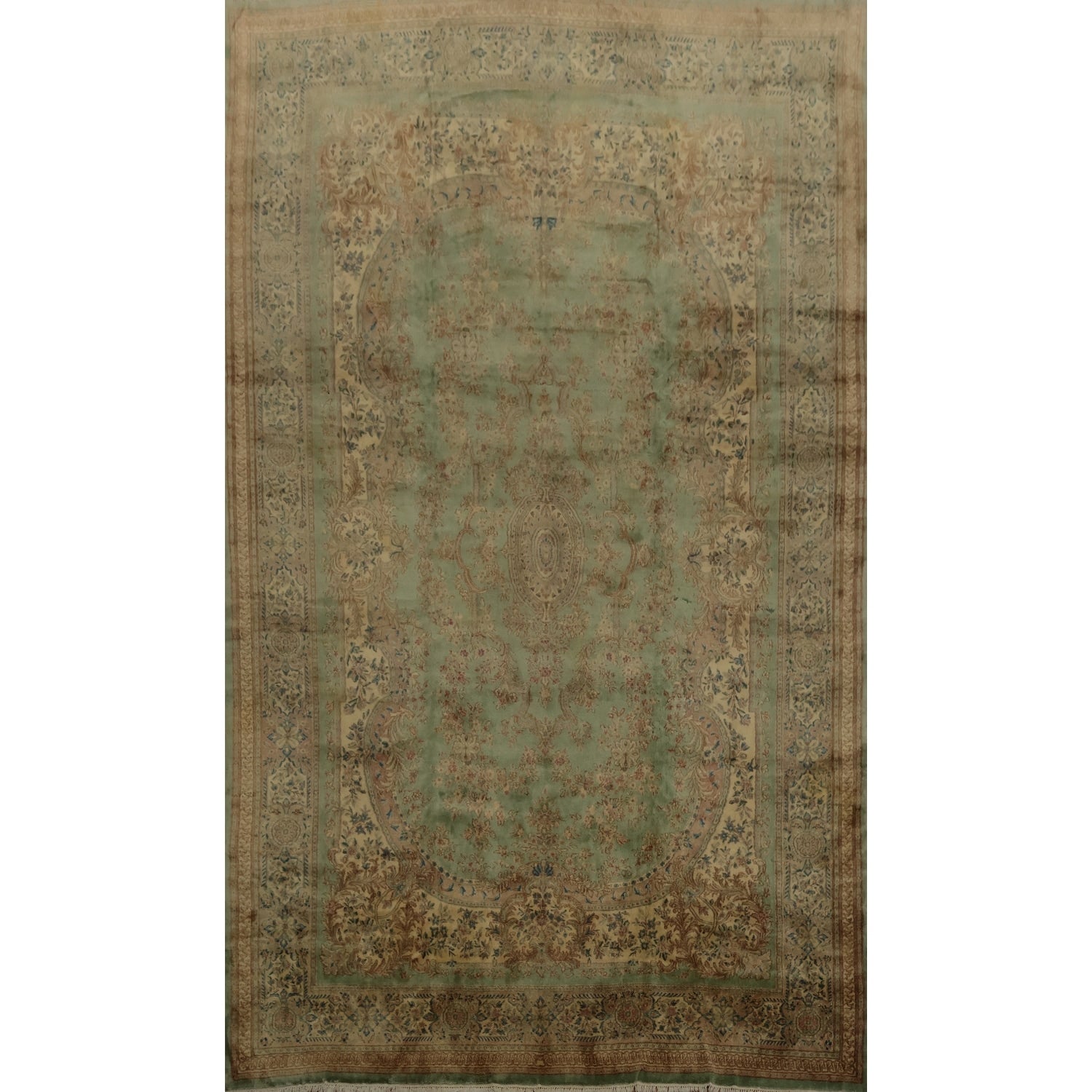 Hand Knotted Oriental 100 Wool Carpet Traditional Floral Green Kerman Area Rug 19 1 X 11 9