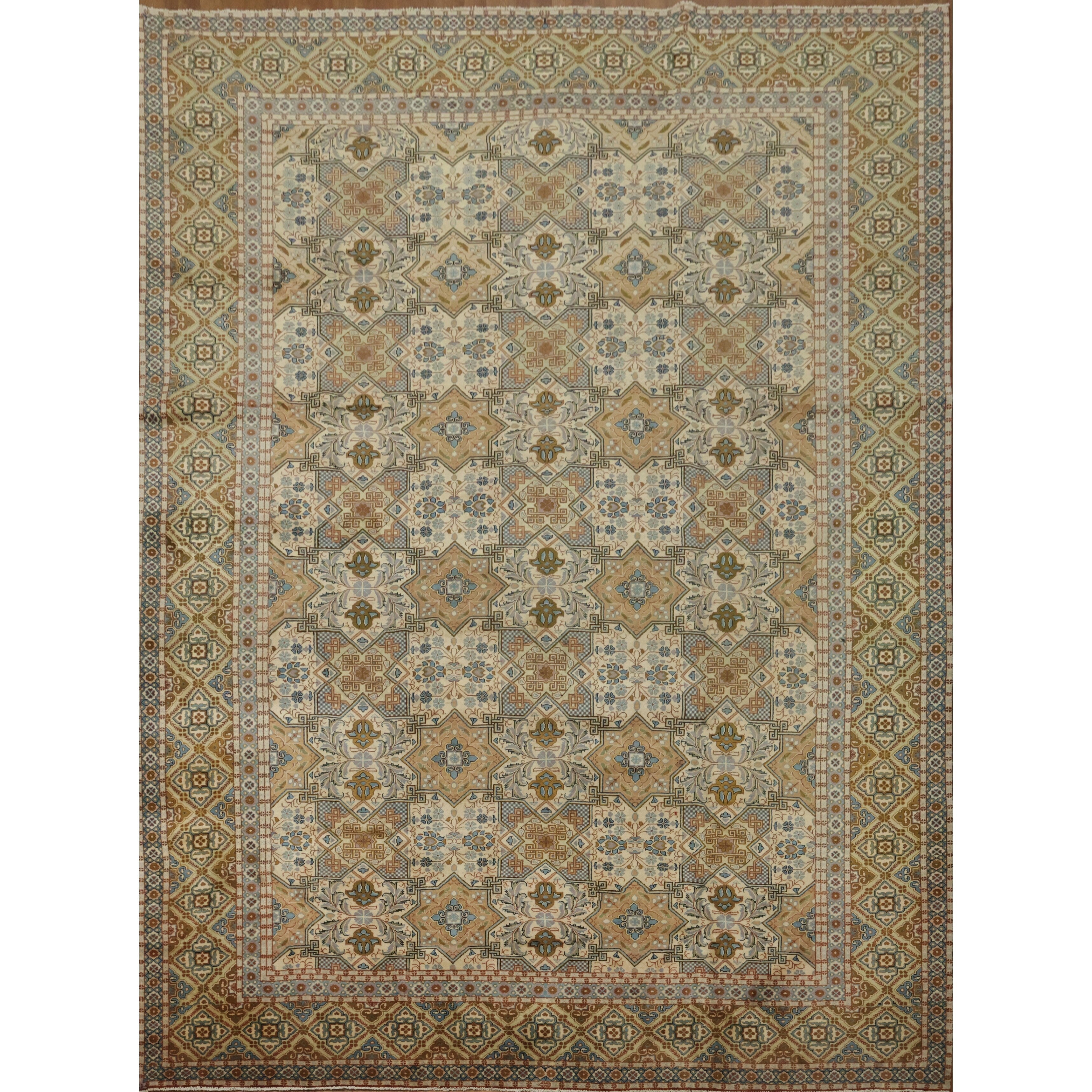 Hand Knotted Oriental 100 Wool Carpet Traditional Geometric Beige Ivories Kashan Area Rug 13 9 X 10 3