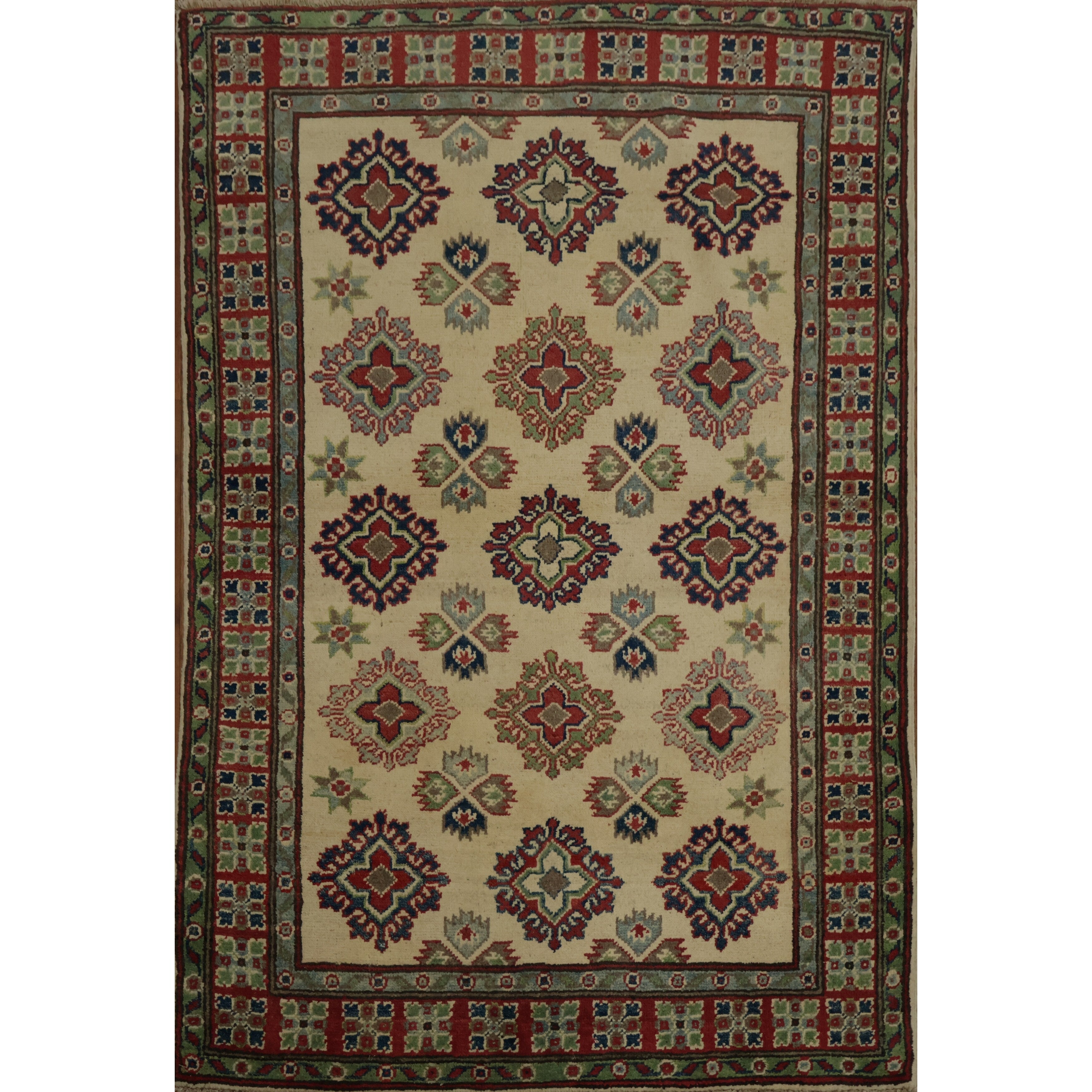 Hand Knotted Oriental 100 Wool Carpet Traditional Geometric Beige Ivories Kazak Area Rug 4 11 X 3 4