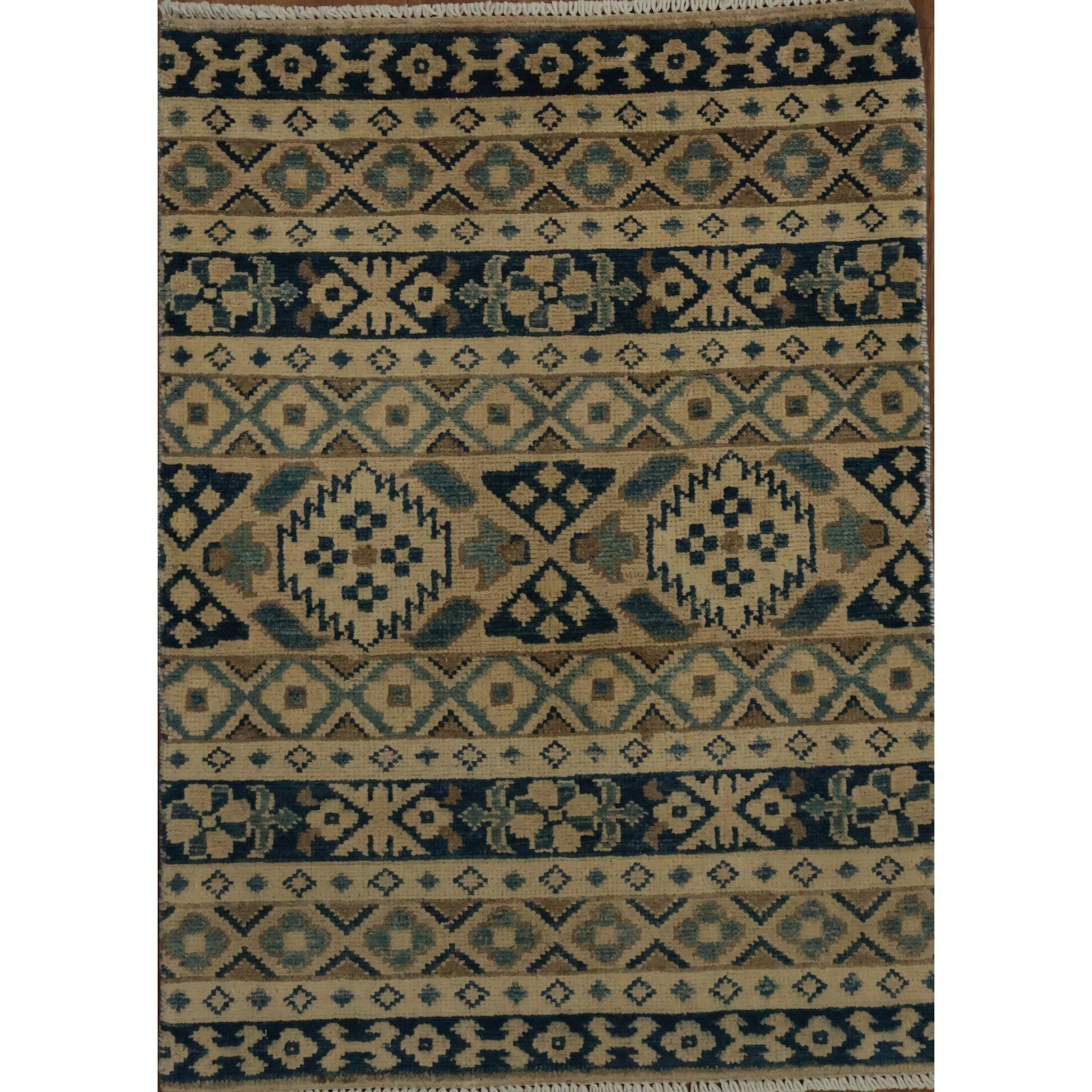 Hand Knotted Oriental 100 Wool Carpet Traditional Geometric Beige Ivories Kazak Area Rug 2 8 X 1 11