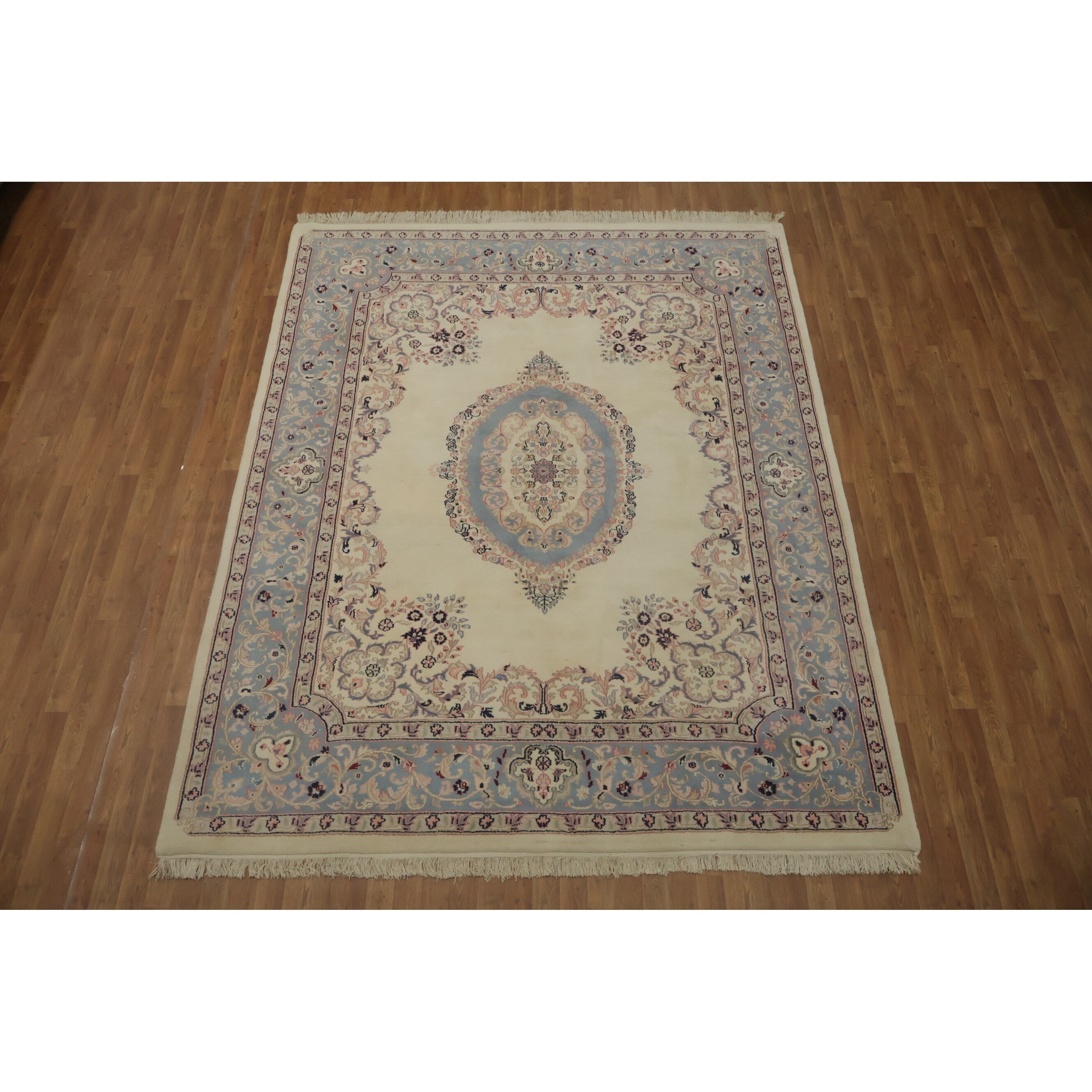 Hand Knotted Oriental 100 Wool Carpet Traditional Geometric Beige Ivories Kerman Area Rug 9 11 X 7 10