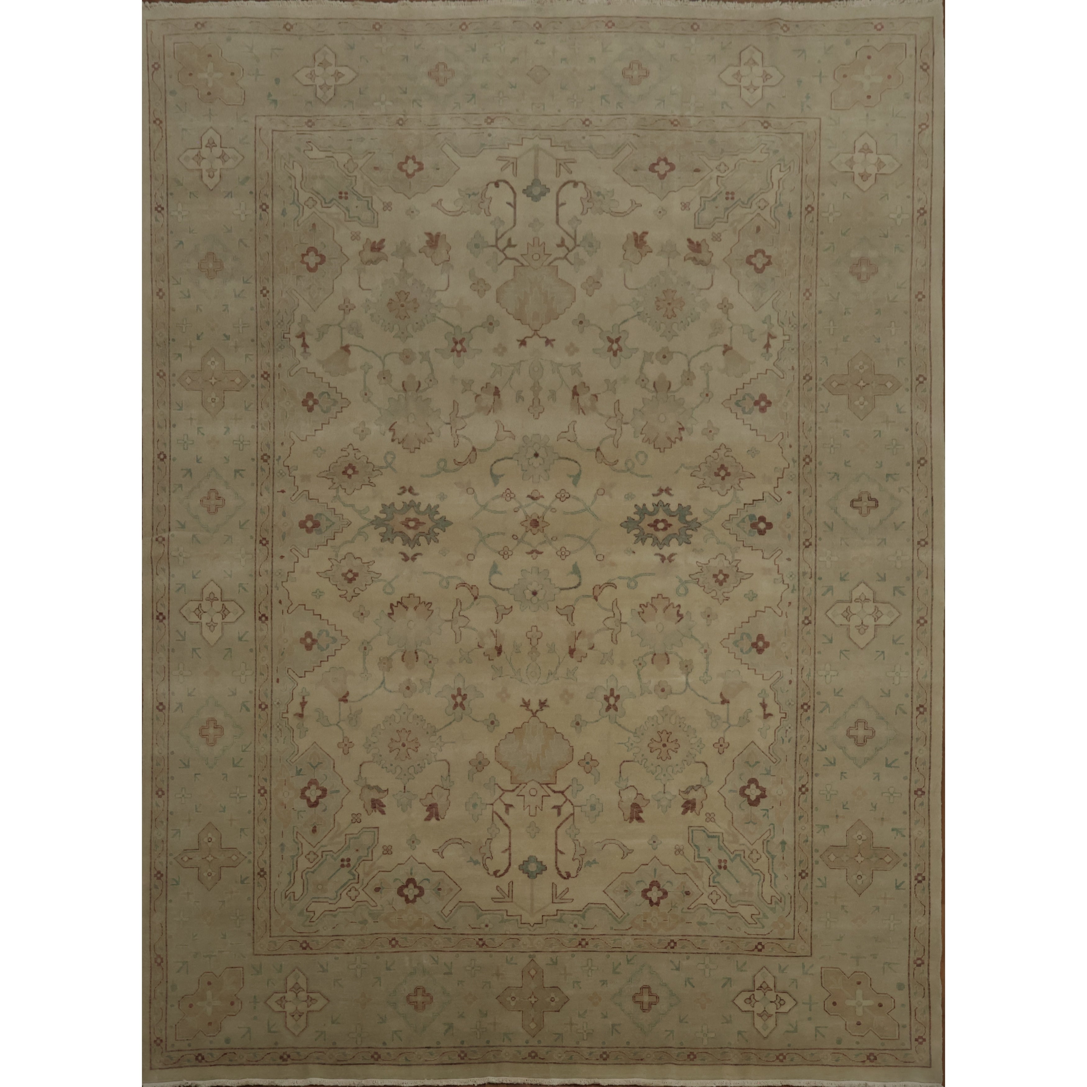 Hand Knotted Oriental 100 Wool Carpet Traditional Geometric Beige Ivories Ziegler Area Rug 13 4 X 9 10