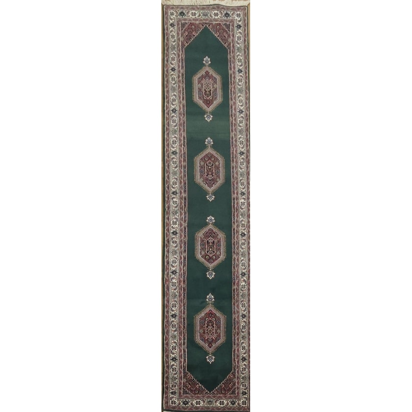 Hand Knotted Oriental 100 Wool Carpet Traditional Geometric Green Bidjar Runner Rug 12 0 X 2 7