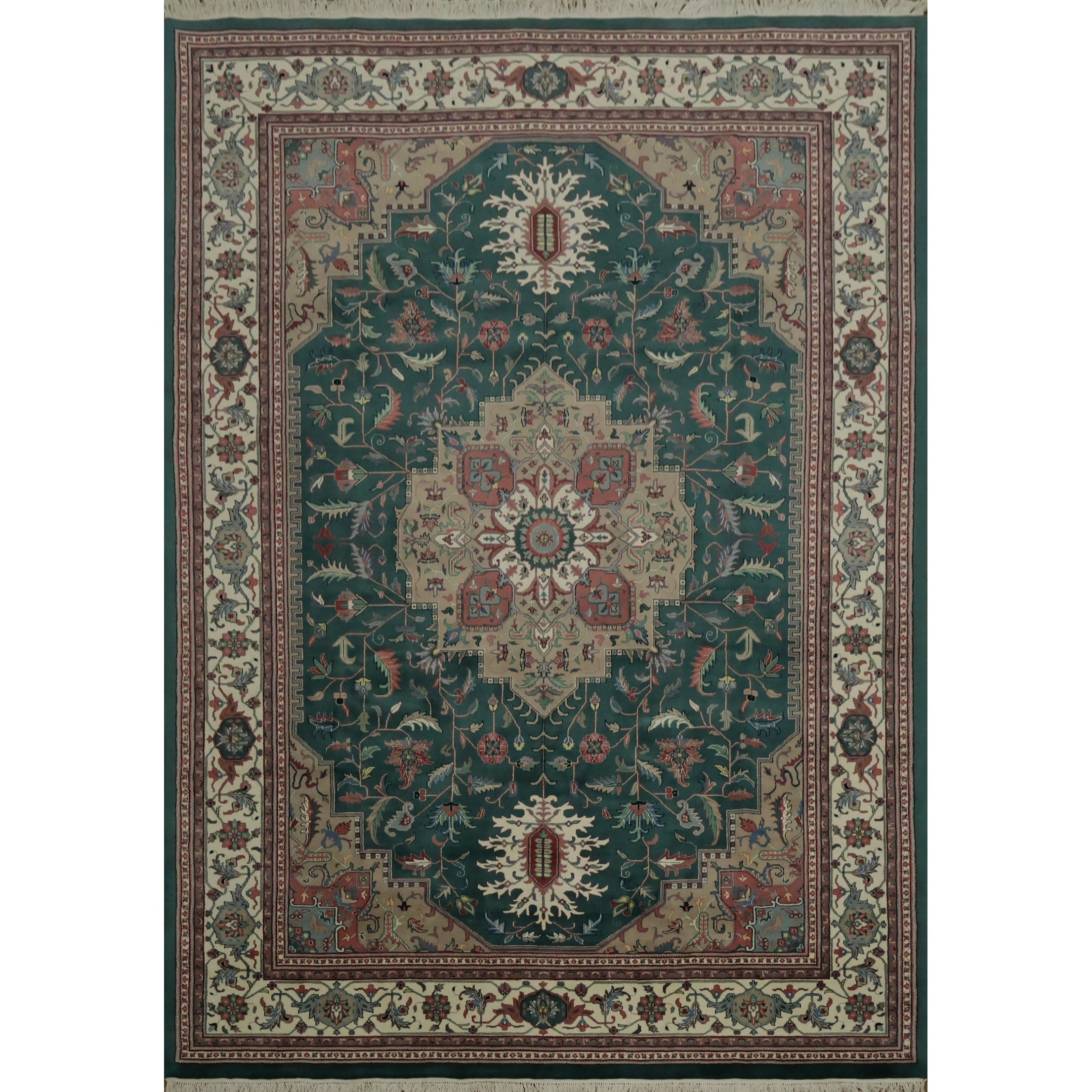 Hand Knotted Oriental 100 Wool Carpet Traditional Geometric Green Heriz Area Rug 13 10 X 9 8