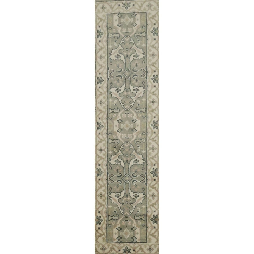 Hand Knotted Oriental 100 Wool Carpet Transitional Green Oushak Runner Rug 9 10 X 2 6