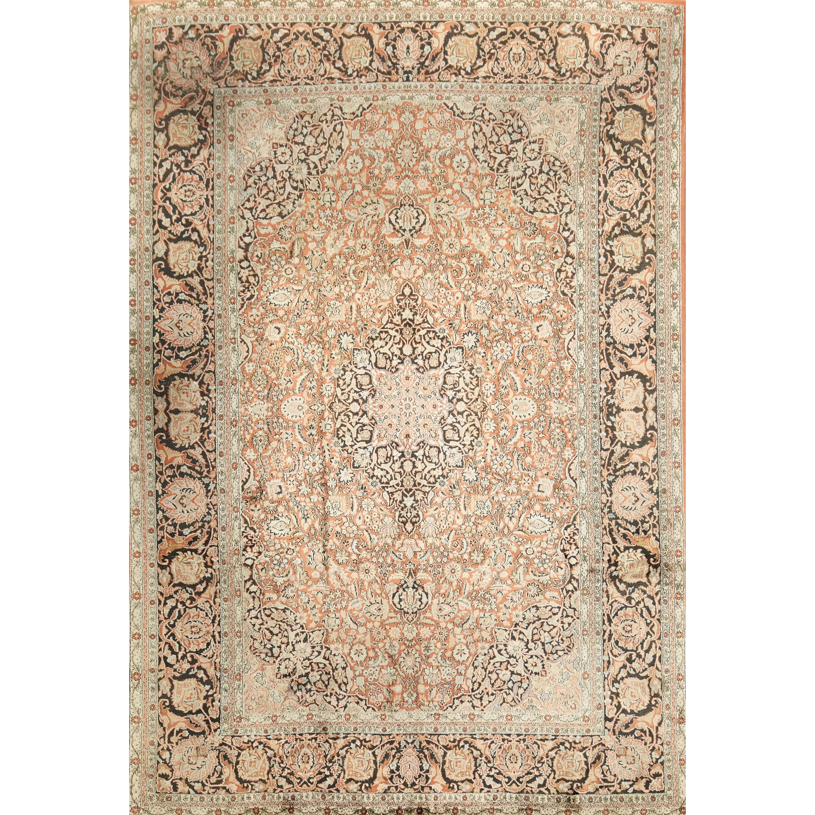 Hand Knotted Oriental Silk Carpet Traditional Floral Orange Kashmir Area Rug 10 3 X 7 0