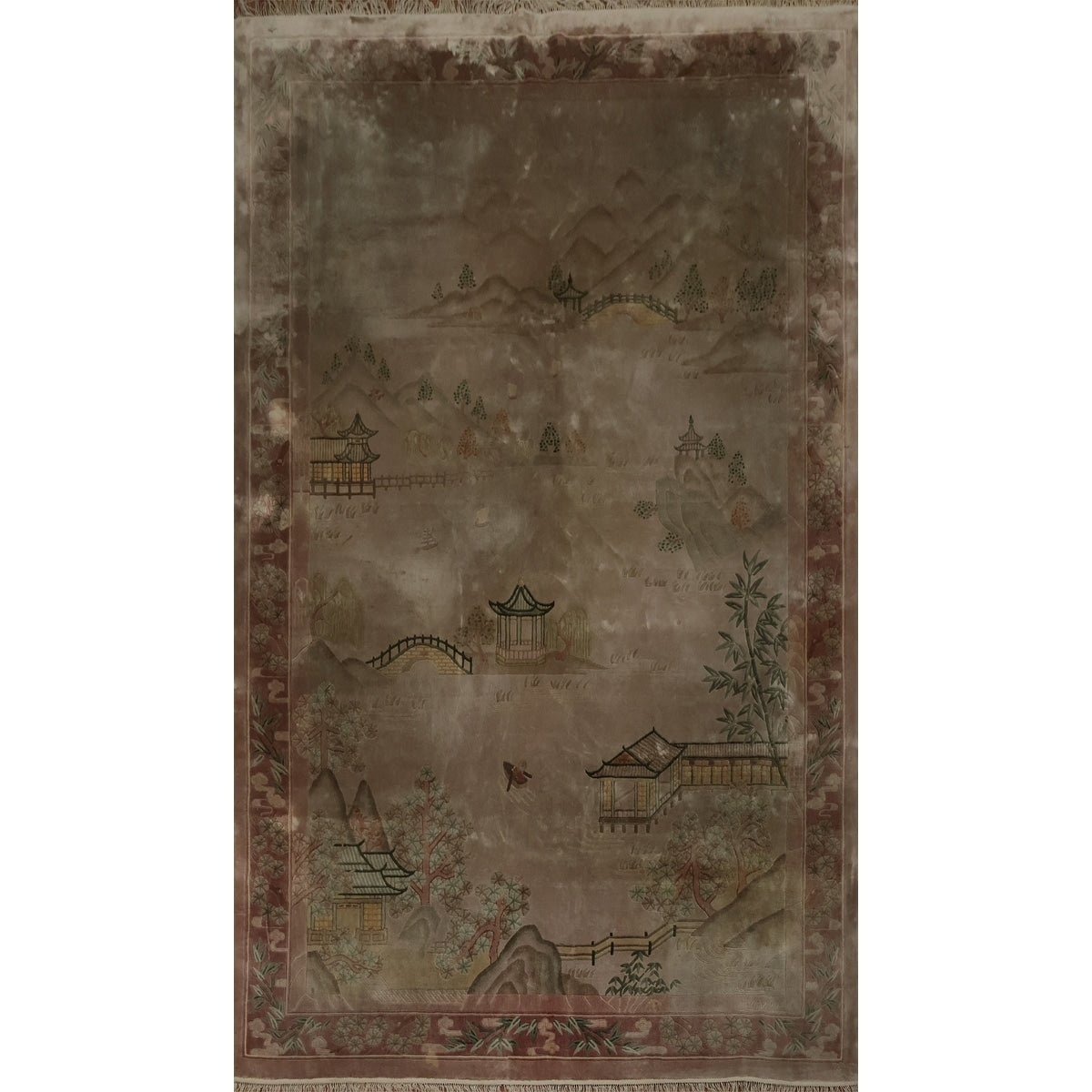 Hand Knotted Oriental Silk Carpet Traditional Pictorial Brown Art Deco Area Rug 9 2 X 6 0