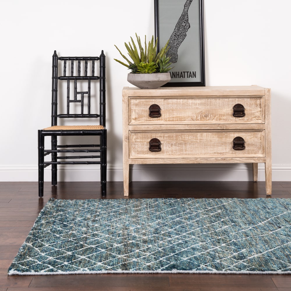 Hand Knotted Teal Blue Transitional Wool Jute Area Rug 86 X 116