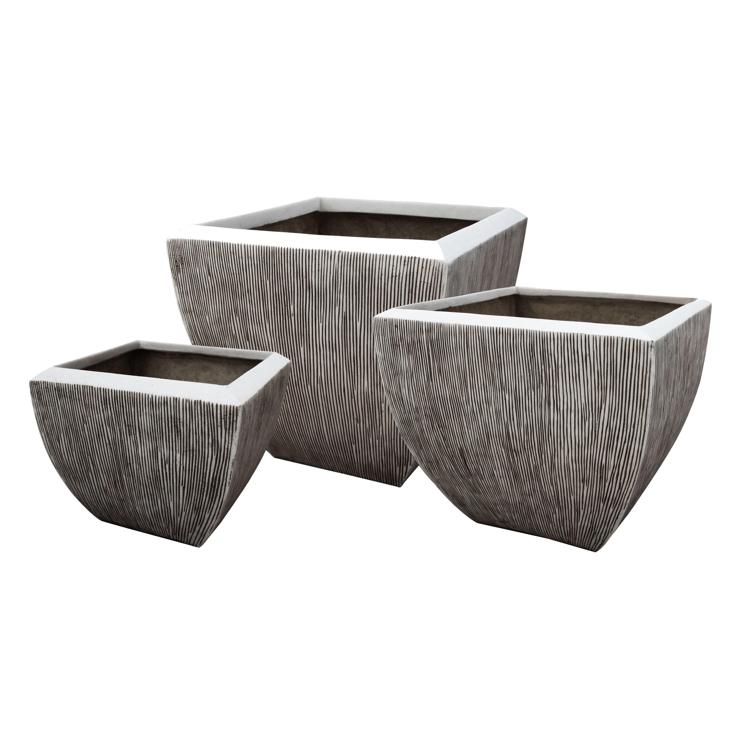 Hand Made Square Flower Pot With Ribbed Design White Set Of 3