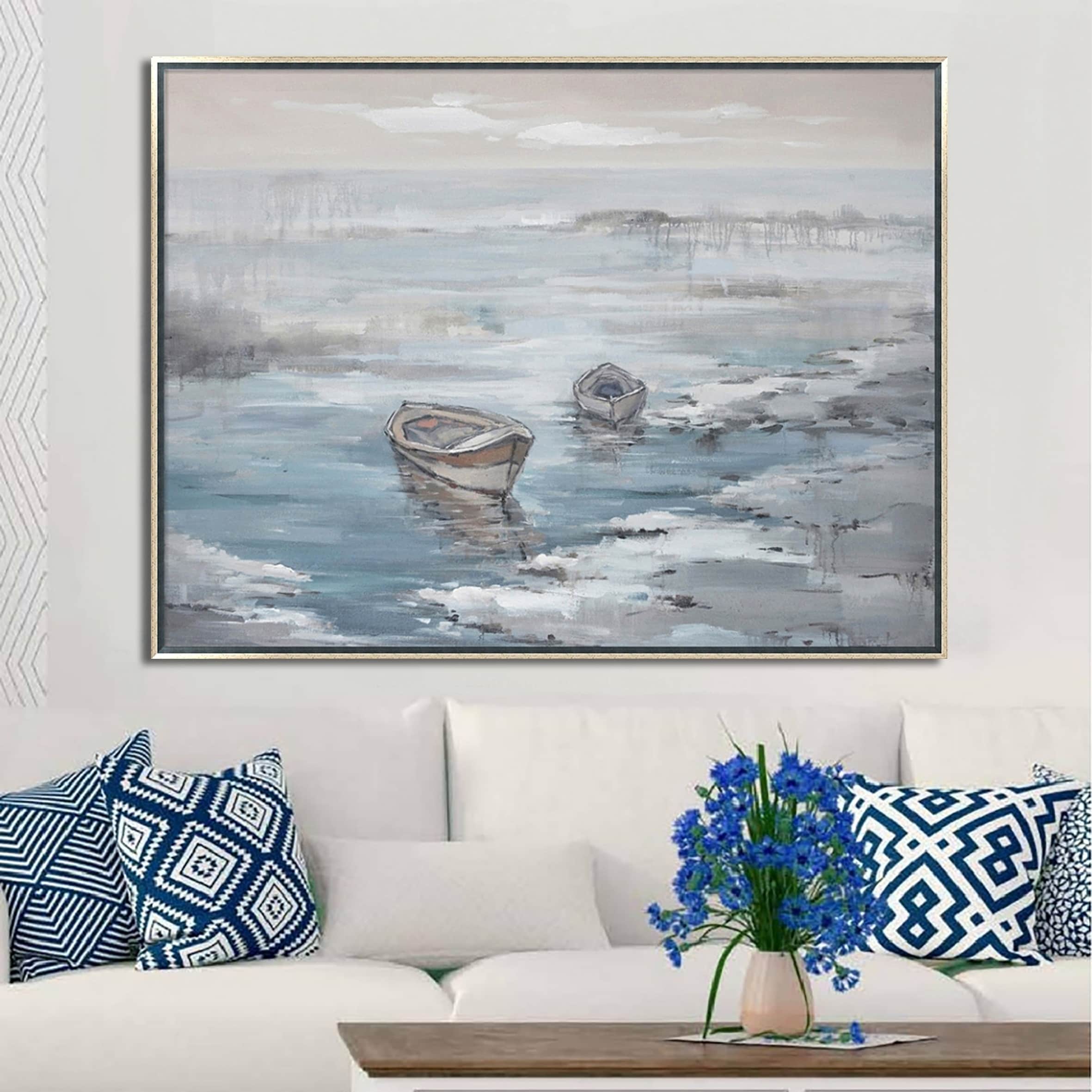 Hand Painted Acrylic Wall Art Ocean With Boats On A 47 X 35 Rectangular Canvas With A Silver Wooden Frame