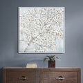 Hand Painted Acrylic Wall Art White Flower Tree On A 39 X 39 Square Canvas With A White Wooden Frame