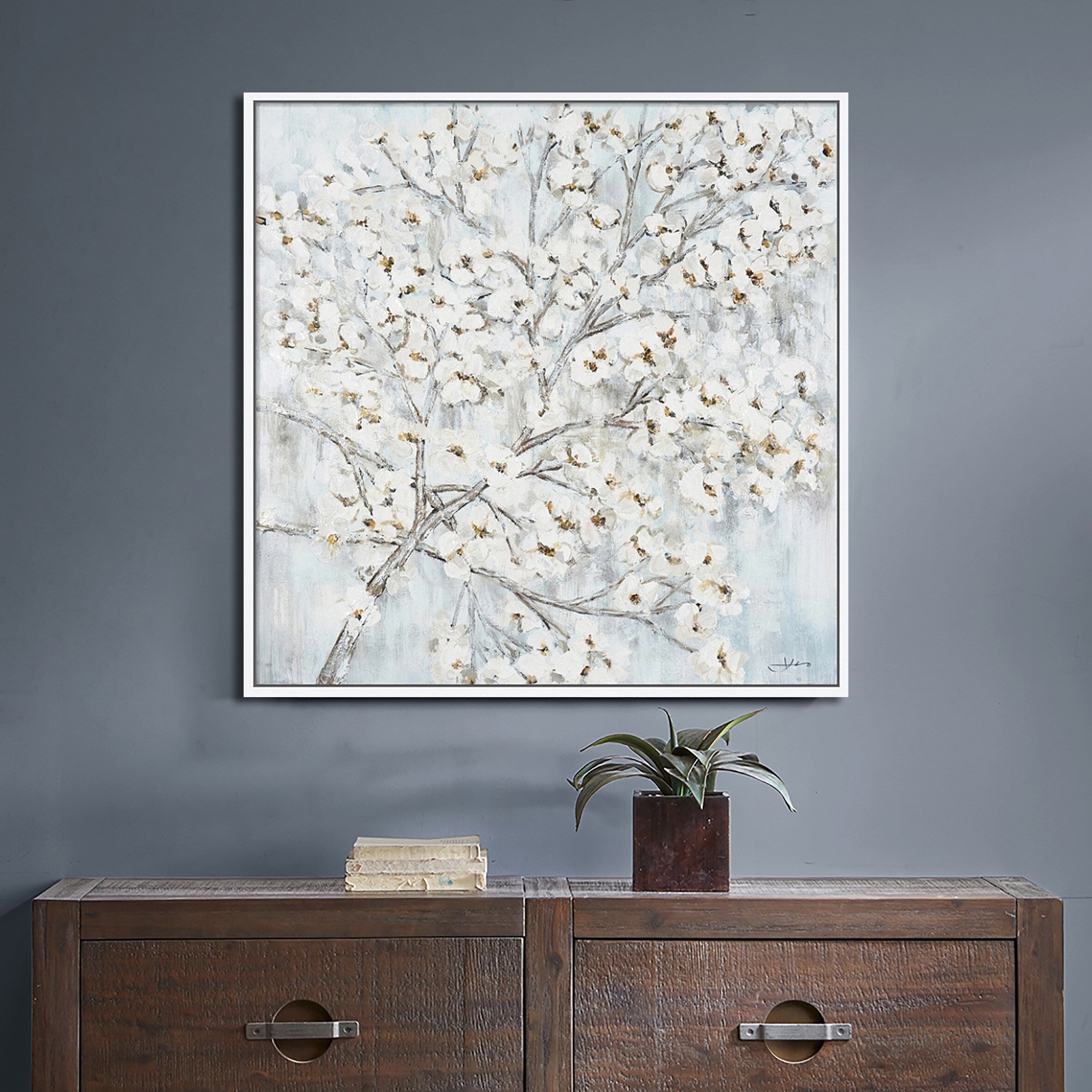 Hand Painted Acrylic Wall Art White Flower Tree On A 39 X 39 Square Canvas With A White Wooden Frame