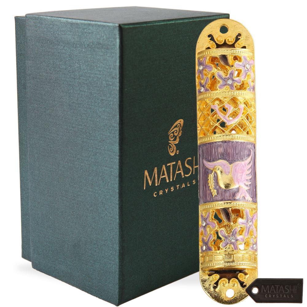 Hand Painted Enamel Mezuzah Embellished With A Floral Design With Gold Accents And High Quality Crystals By Matashi