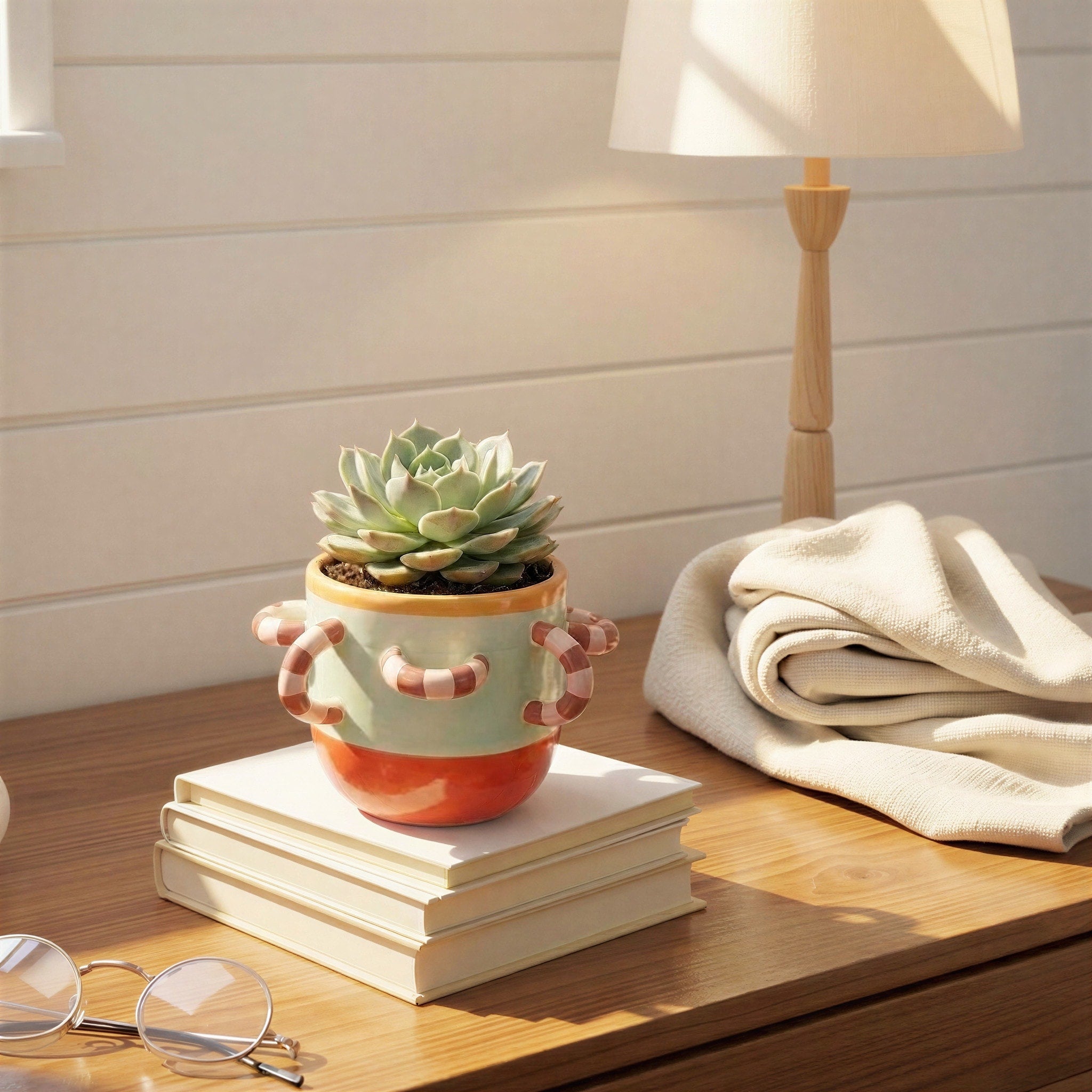 Hand Painted Stoneware Planter With Striped 3D Loops 9.25 L X 9.25 W X 5.88 H