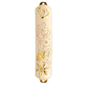 Hand Painted White Enamel Mezuzah Embellished With A Floral Design With Gold Accents And High Quality Crystals By Matashi