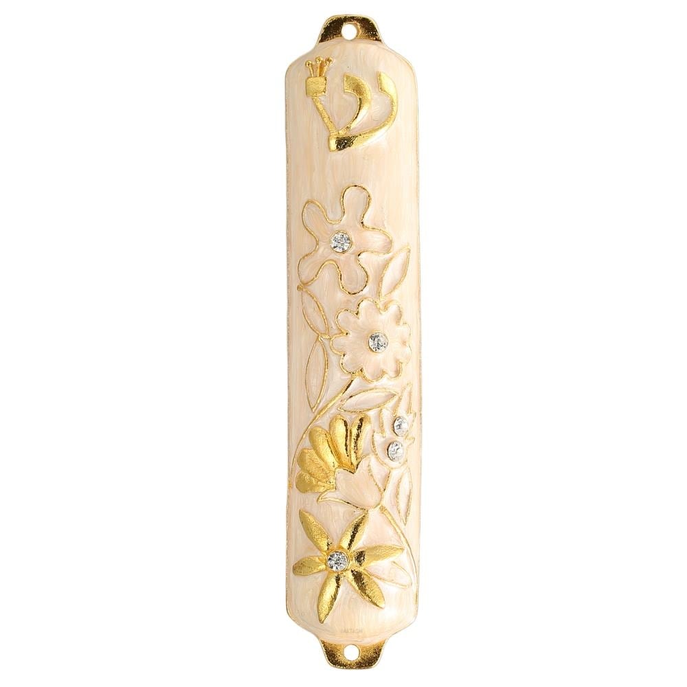 Hand Painted White Enamel Mezuzah Embellished With A Floral Design With Gold Accents And High Quality Crystals By Matashi