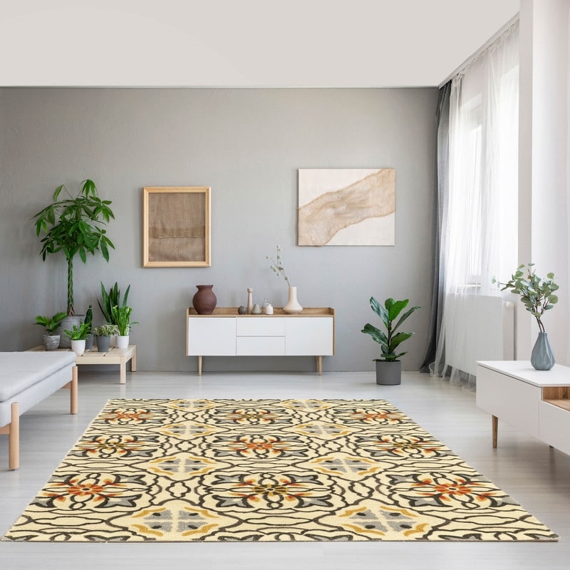 Hand Tufted Trio Mosaic Ivory Grey Polyester Rug 8 X 10 8 X 10