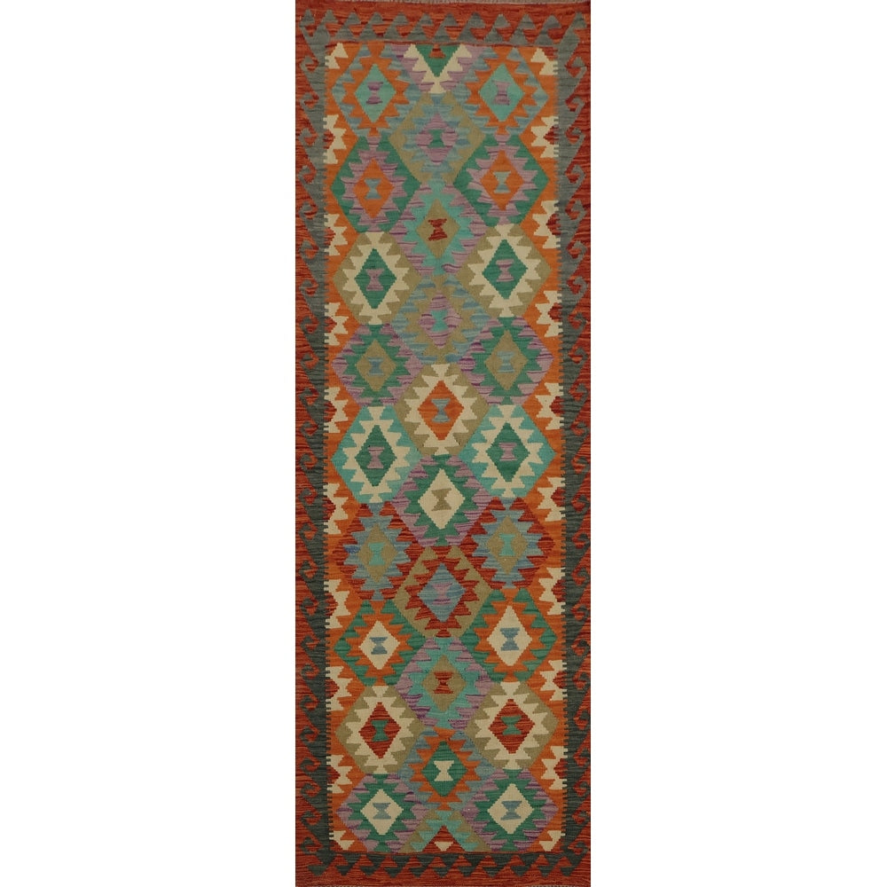 Hand Woven Oriental 100 Wool Carpet Southwestern Geometric Oranges Rust Kilim Runner Rug 9 8 X 2 10