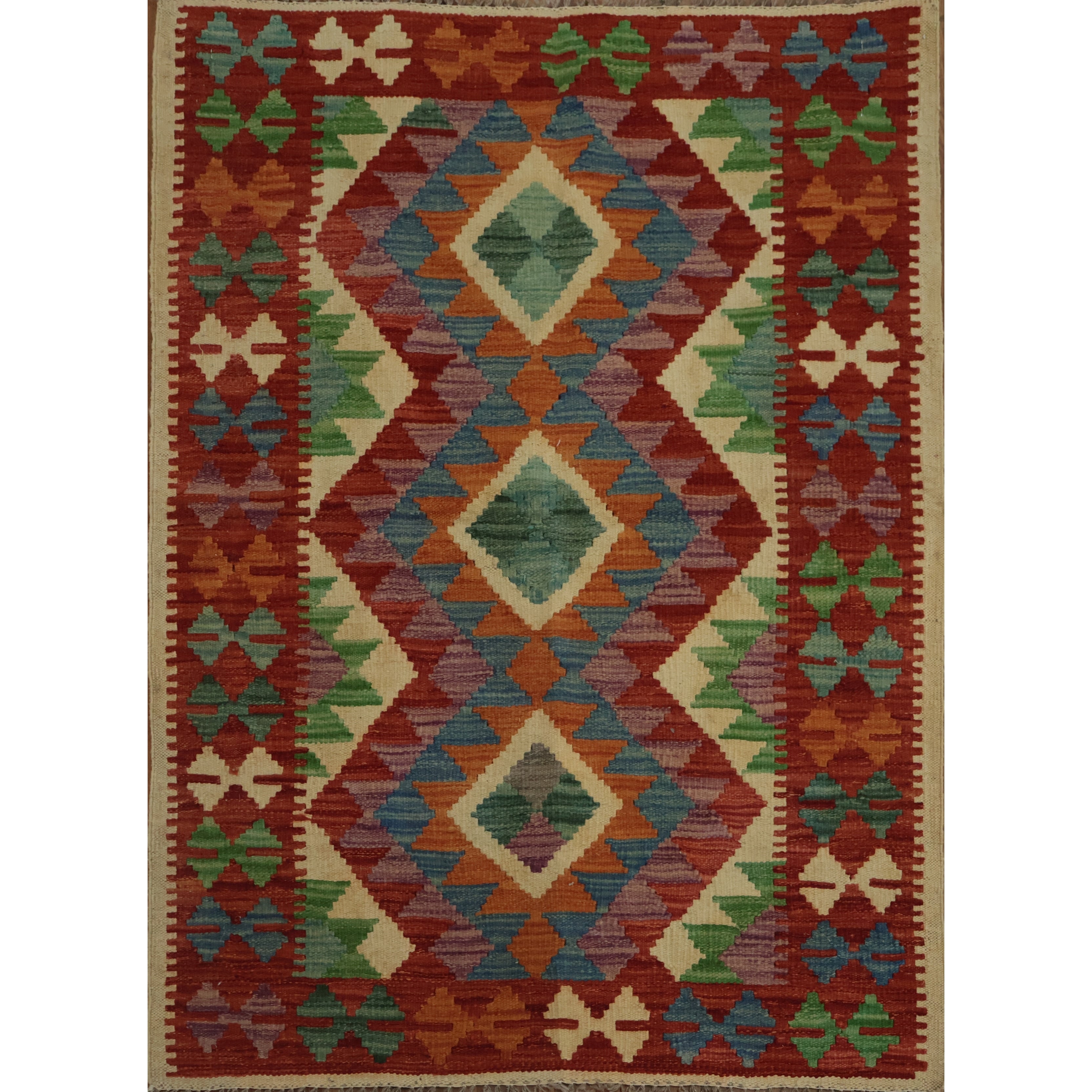Hand Woven Oriental 100 Wool Carpet Southwestern Tribal Multi Colored Kilim Area Rug 4 0 X 2 11