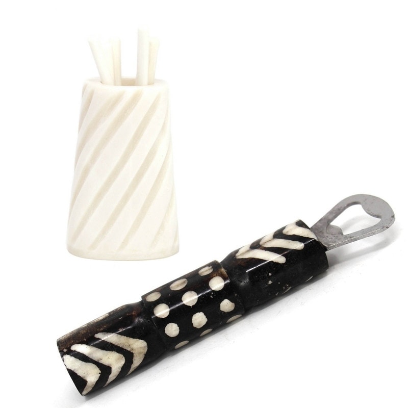 Hand Carved Bar Kit Cocktail Picks With Jar Bottle Opener Natural Bone