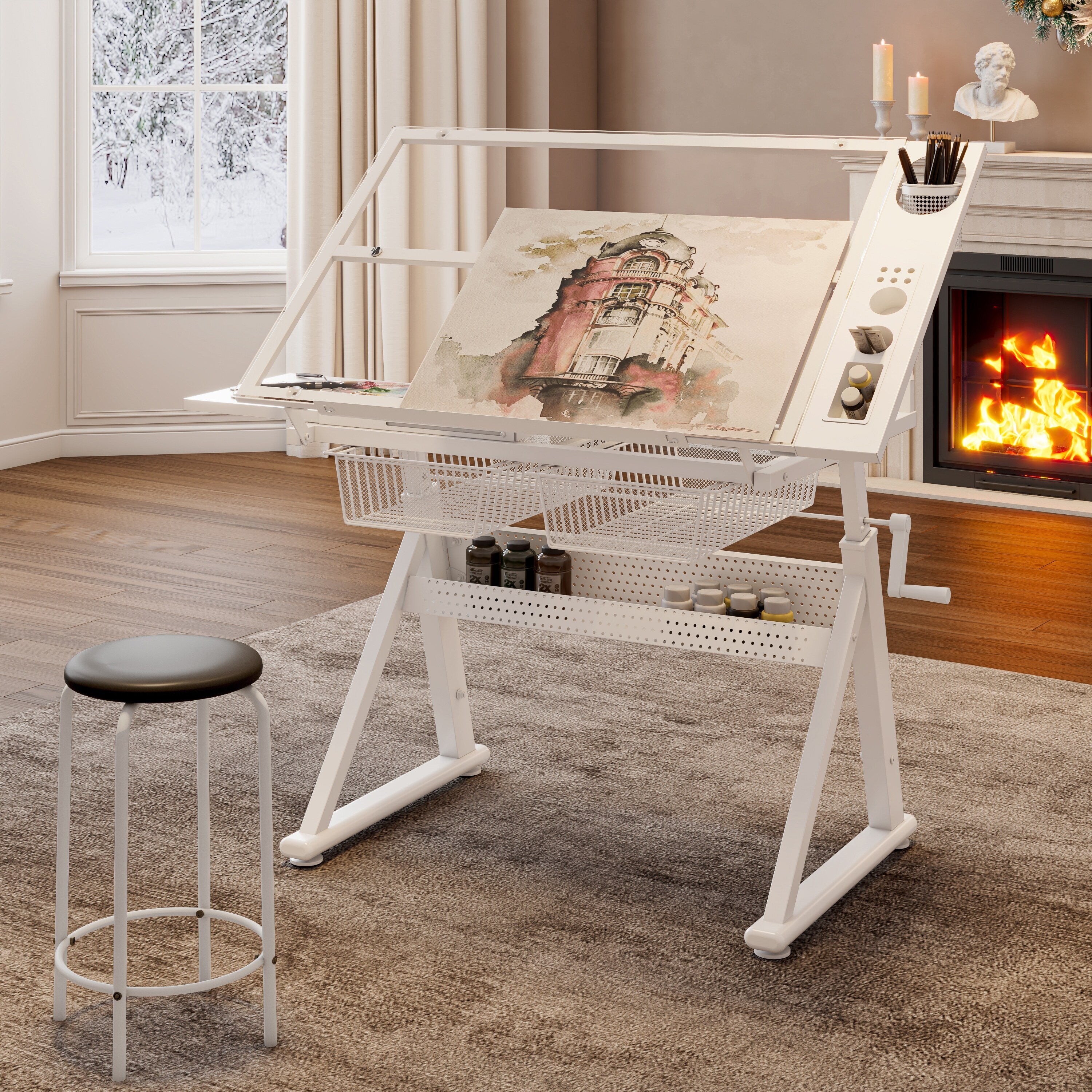 Hand Crank Adjustable Tempered Glass Drafting Drawing And Printing Table With Chair And Storage Space For Living Room