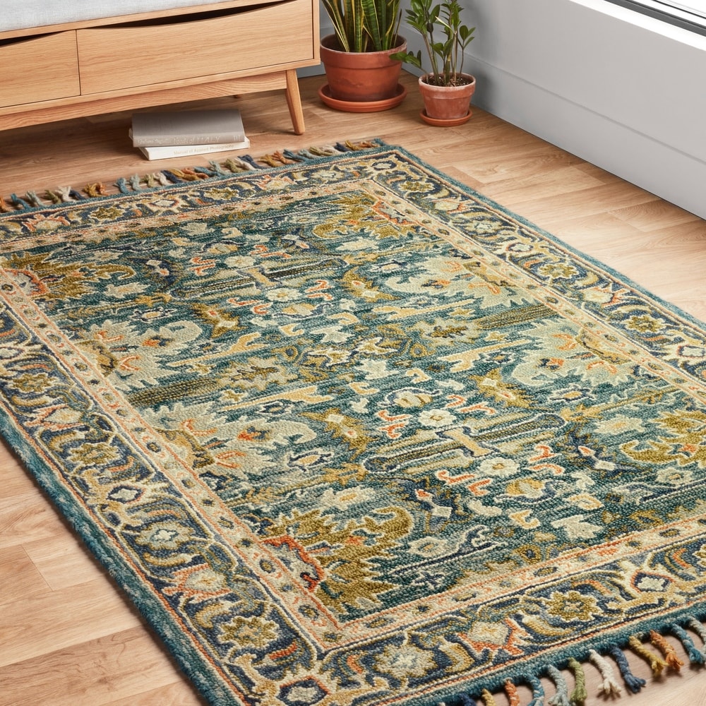 Hand Hooked Blue Green Traditional Wool Rug With Fringe 93 X 13