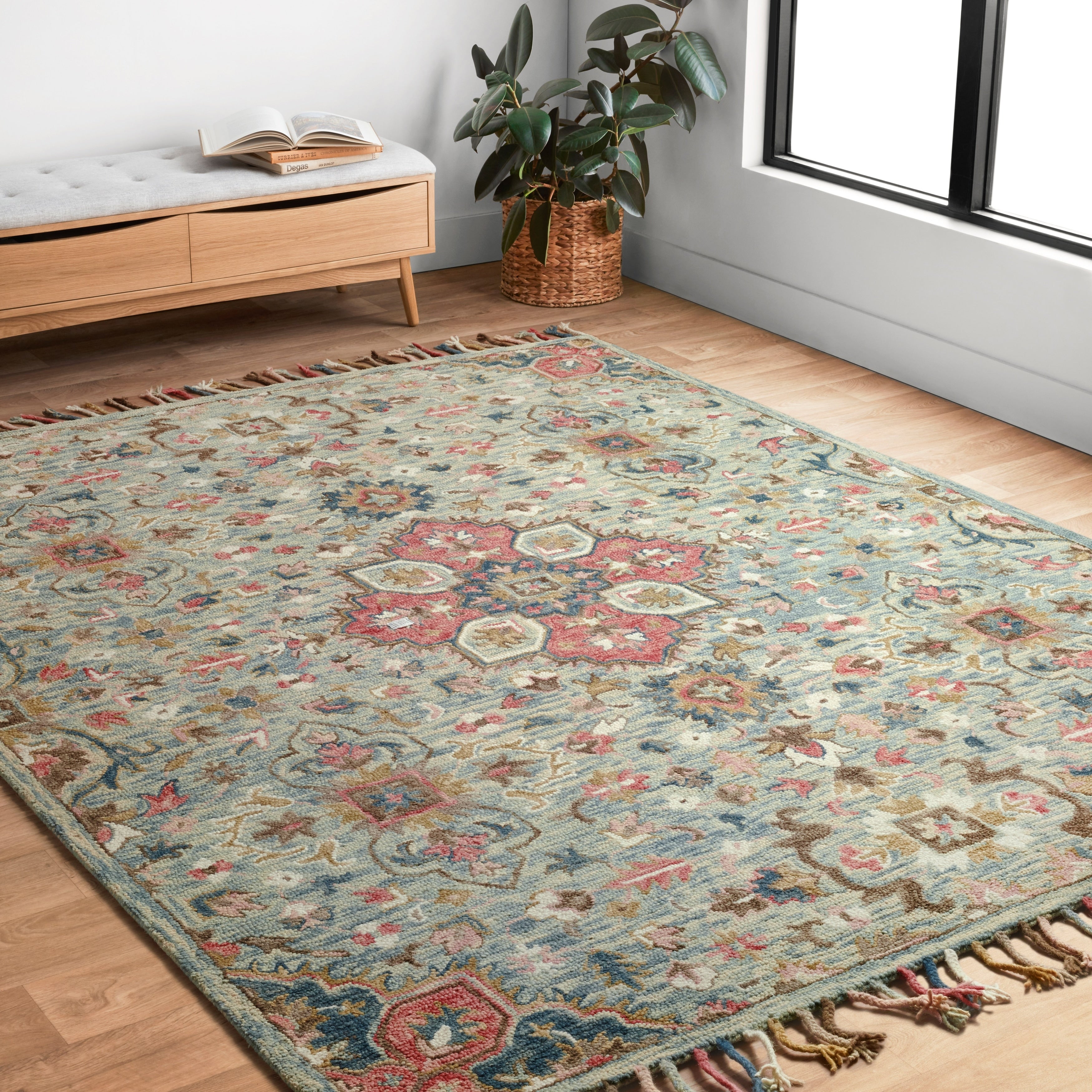 Hand Hooked Bohemian Blue Pink Floral Medallion Wool Rug 79 X 99