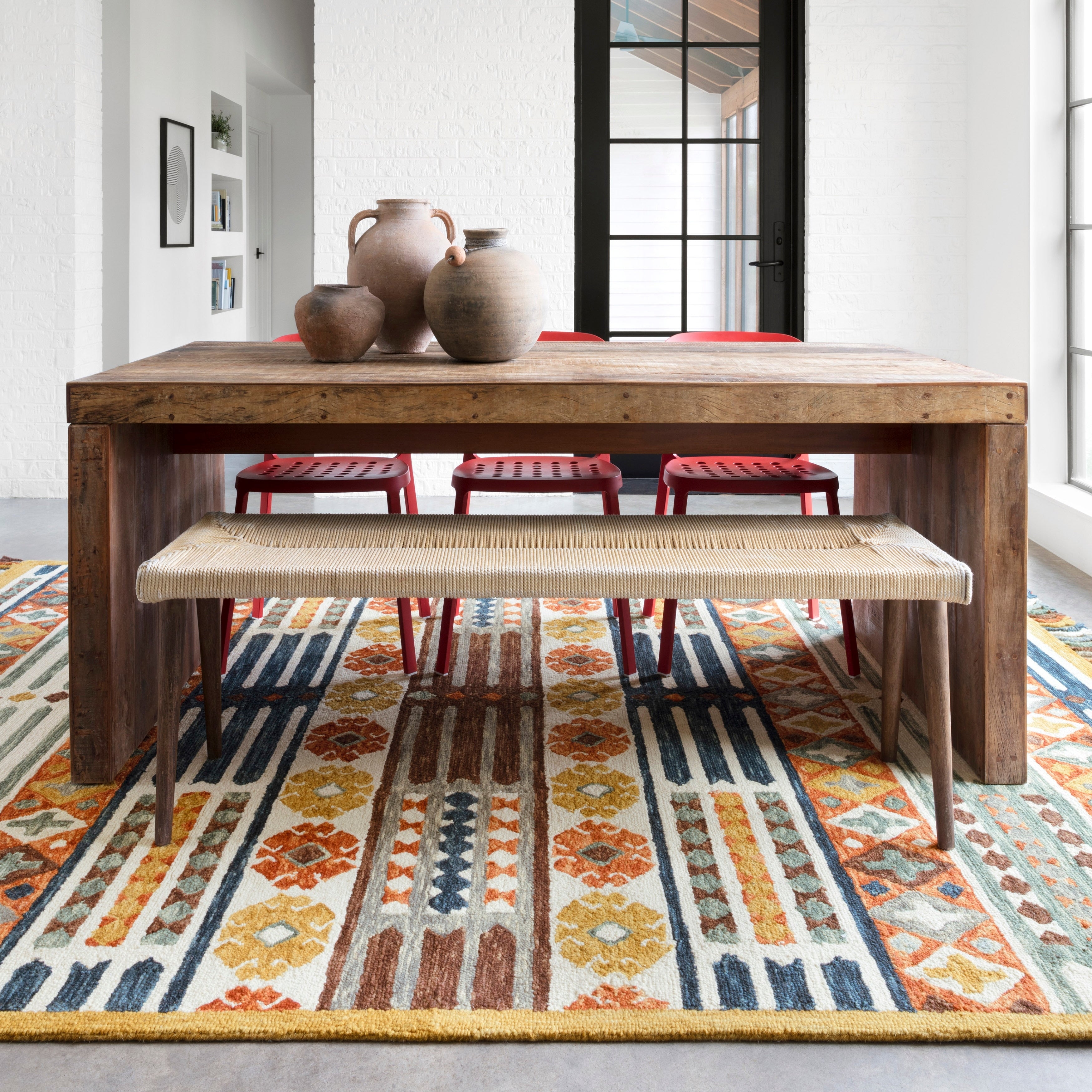 Hand Hooked Rust Blue Boho Wool Area Rug With Fringe 79 X 99