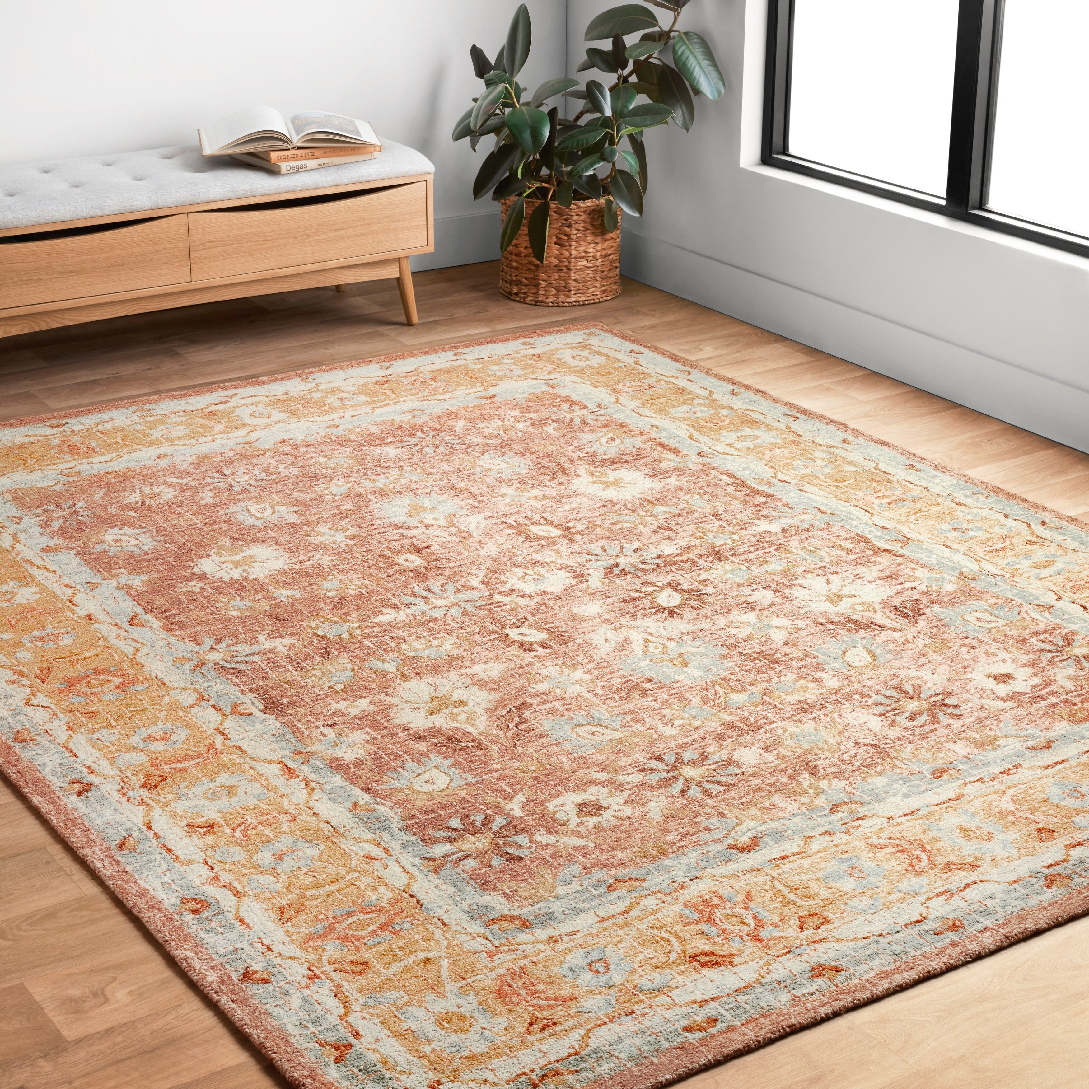 Hand Hooked Traditional Rust Gold Mosaic Wool Rug 79 X 99 79 X 99