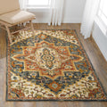 Hand Hooked Wool Blue Rust Traditional Medallion Rug 5 X 76