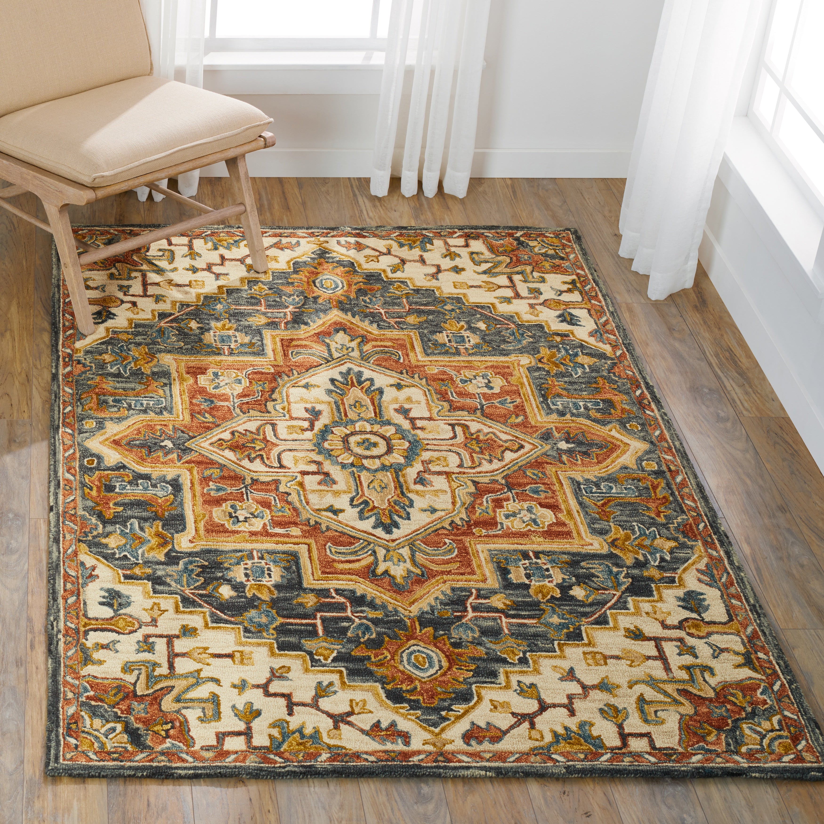 Hand Hooked Wool Blue Rust Traditional Medallion Rug 5 X 76