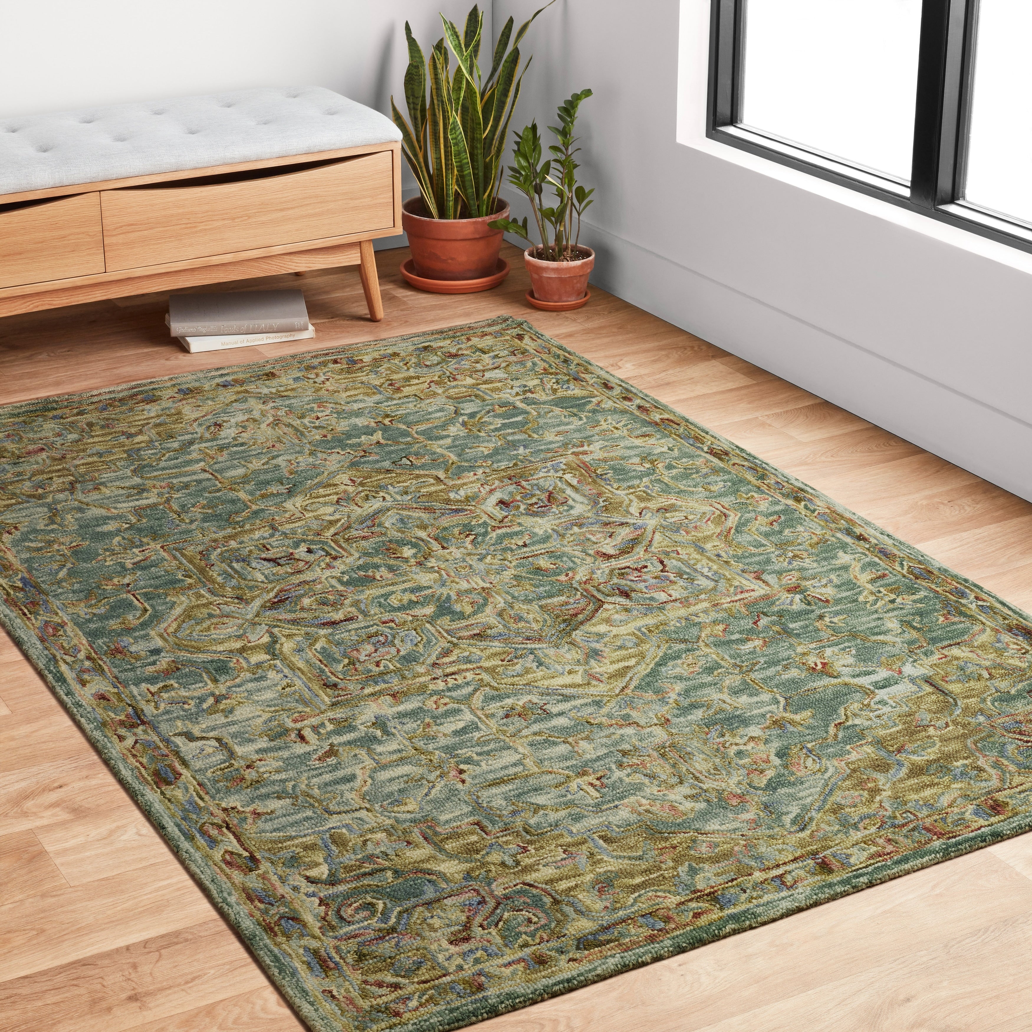 Hand Hooked Wool Dark Green Brown Traditional Medallion Area Rug 5 X 76