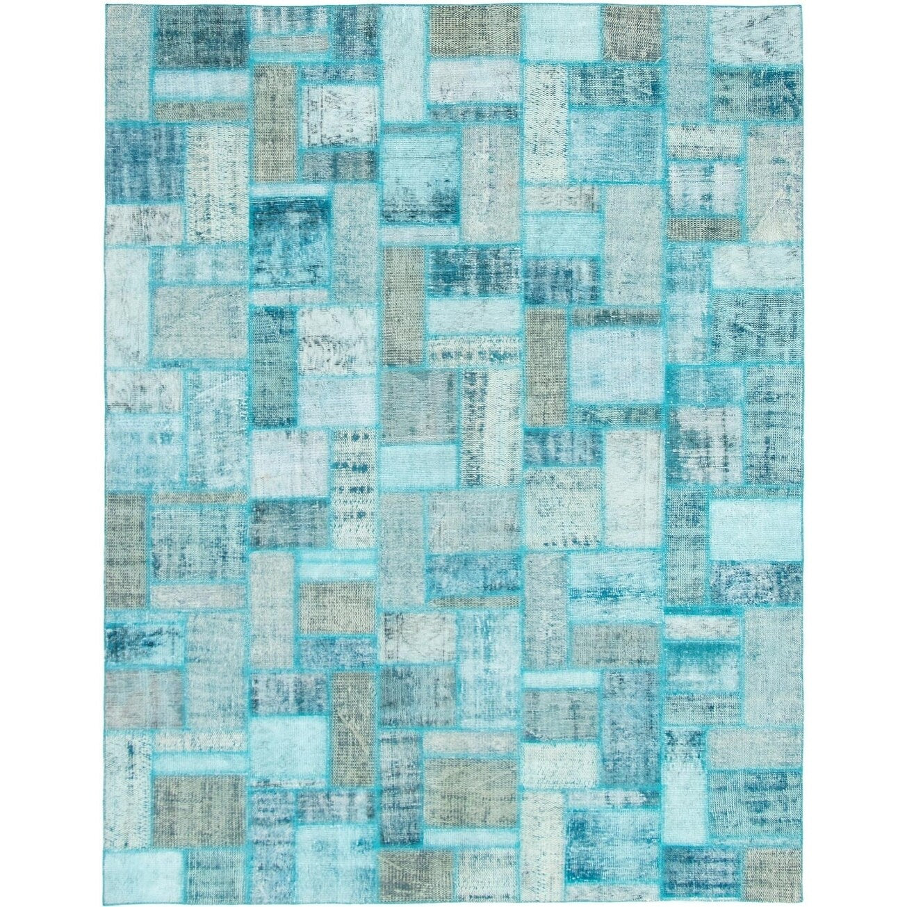 Hand Knotted Color Transition Patchwork Turquoise Wool Rug 611 X 99