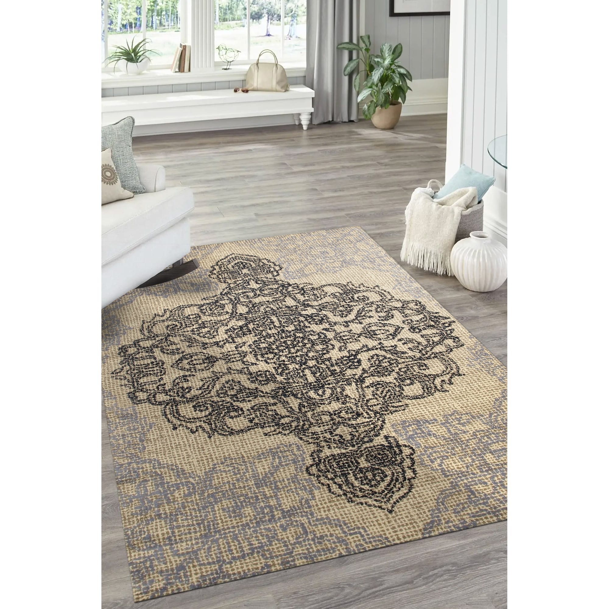 Hand Tufted Madallion Ivory Wool Rug 89 X 119