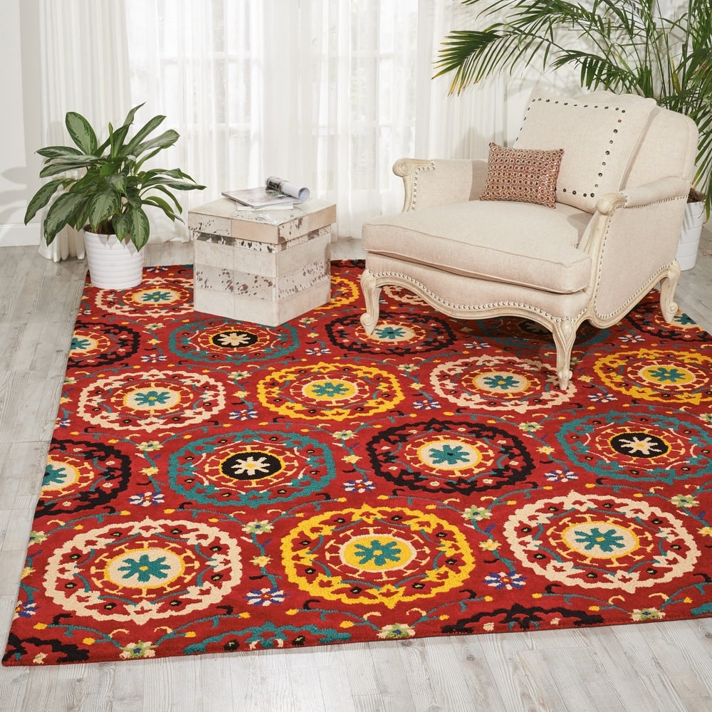 Hand Tufted Suzani Red Medallion Wool Rug 53 X 75