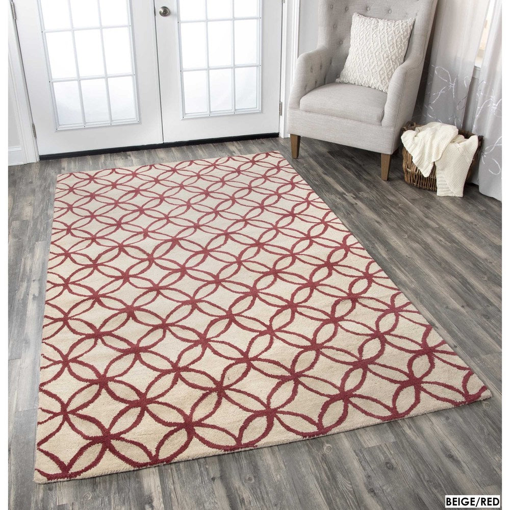 Hand Tufted Trellis Wool Ivory Blue Red Rug 5 X 8