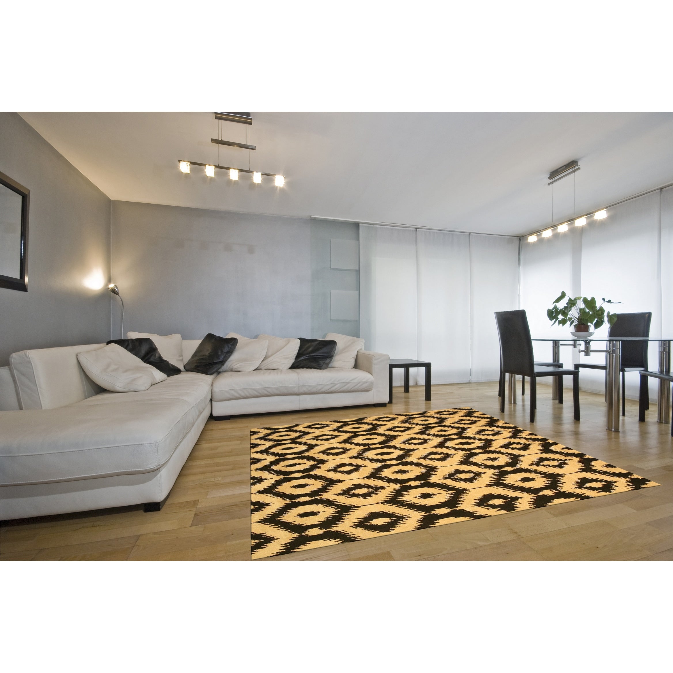 Hand Tufted Wool Black Contemporary Abstract Gold Ikat Rug 79 X 99
