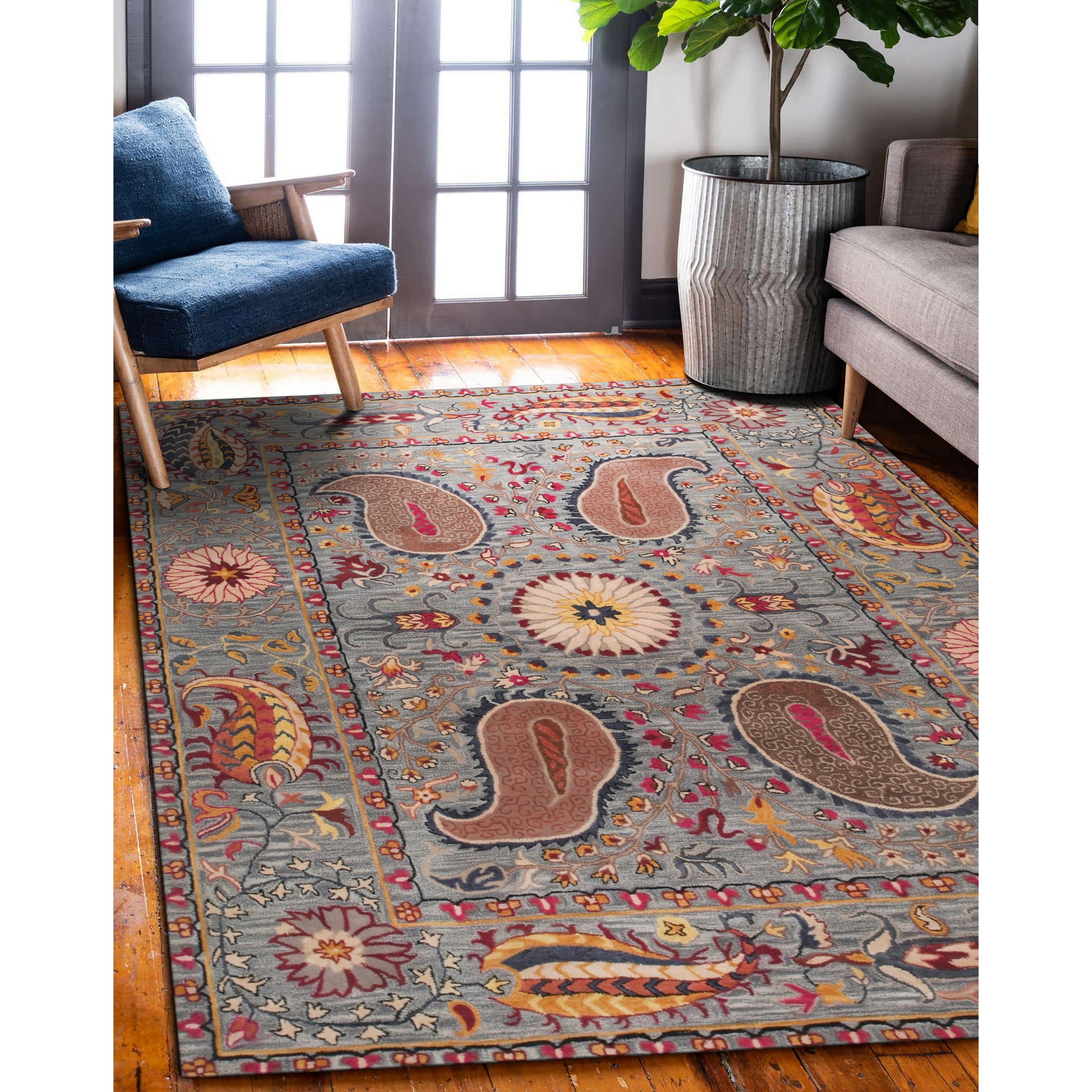 Hand Tufted Wool Blue Transitional Floral Paisley Rug 5 X 8